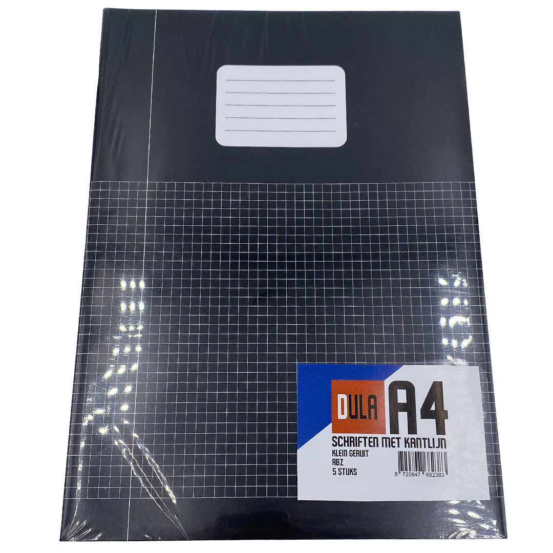 A black A4 notebook wrapped in plastic. It has a white label and a grid pattern. A blue and white sticker is on the bottom right.