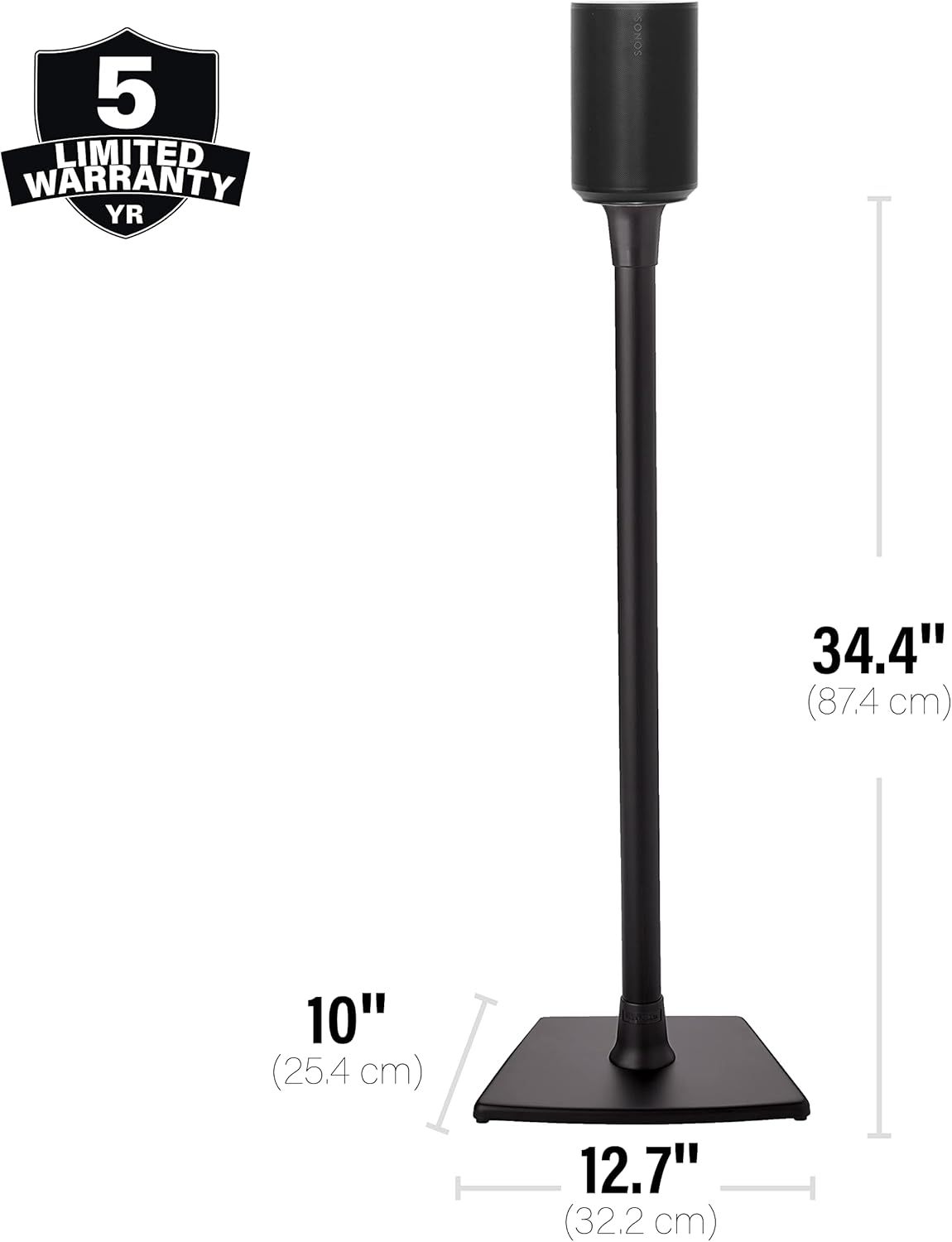 Schwarzer Lautsprecherständer mit Lautsprecher oben. Maße: 34,4" hoch, 10" breite Basis und 12,7" lange Basis. Garantieinfo wird angezeigt.