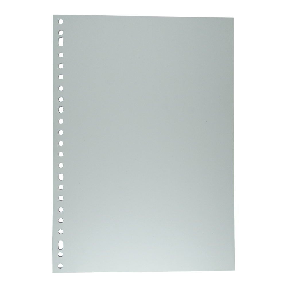 A gray, transparent plastic sheet with a row of circular holes along the left edge, against a white background.