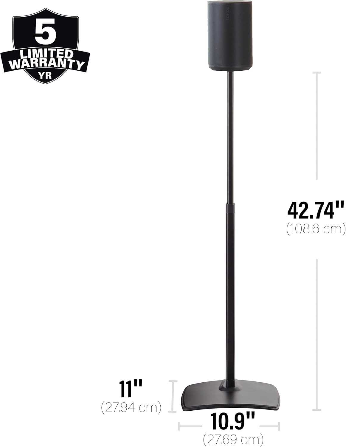 Ein schwarzer Lautsprecher auf einem Ständer. Abmessungen: 42,74" hoch, 11" Basisbreite und 10,9" Basistiefe. 5 Jahre Garantie.