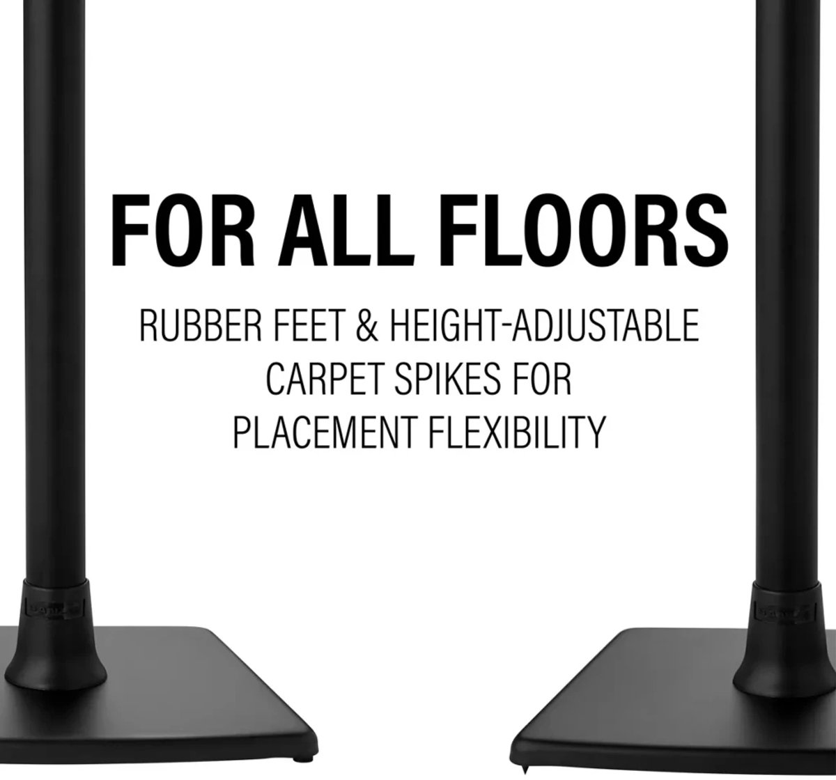 Bild mit Text: 'FOR ALL FLOORS' und Produktmerkmalen. Schwarze Ständer mit Text. Gummifüße und Teppichspitzen.