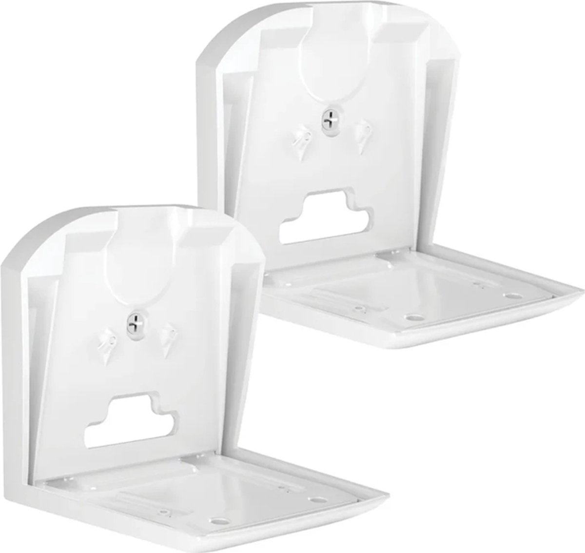 Two open white plastic dispensers. Each has a rectangular base and a hinged lid with a cutout, and a screw.