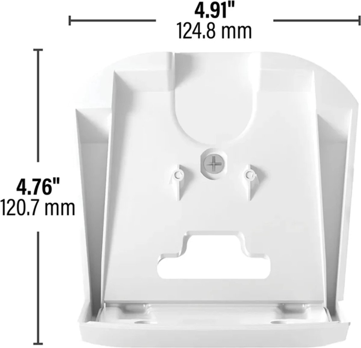 A white plastic object with dimensions. It has a curved top, a plus sign, holes, and a rectangular cutout at the bottom.