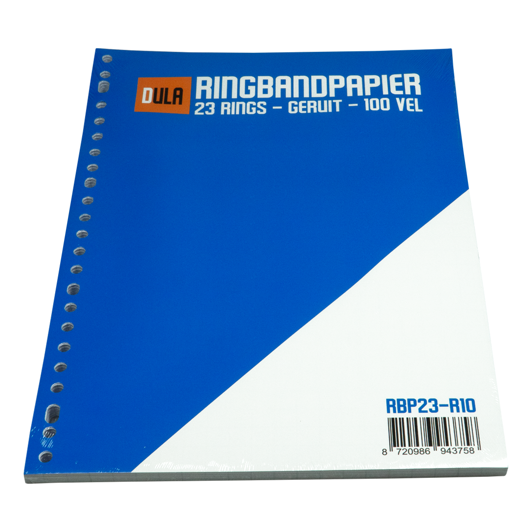A blue and white ringband paper package. Text says 'RINGBANDPAPIER' and '23 RINGS'.