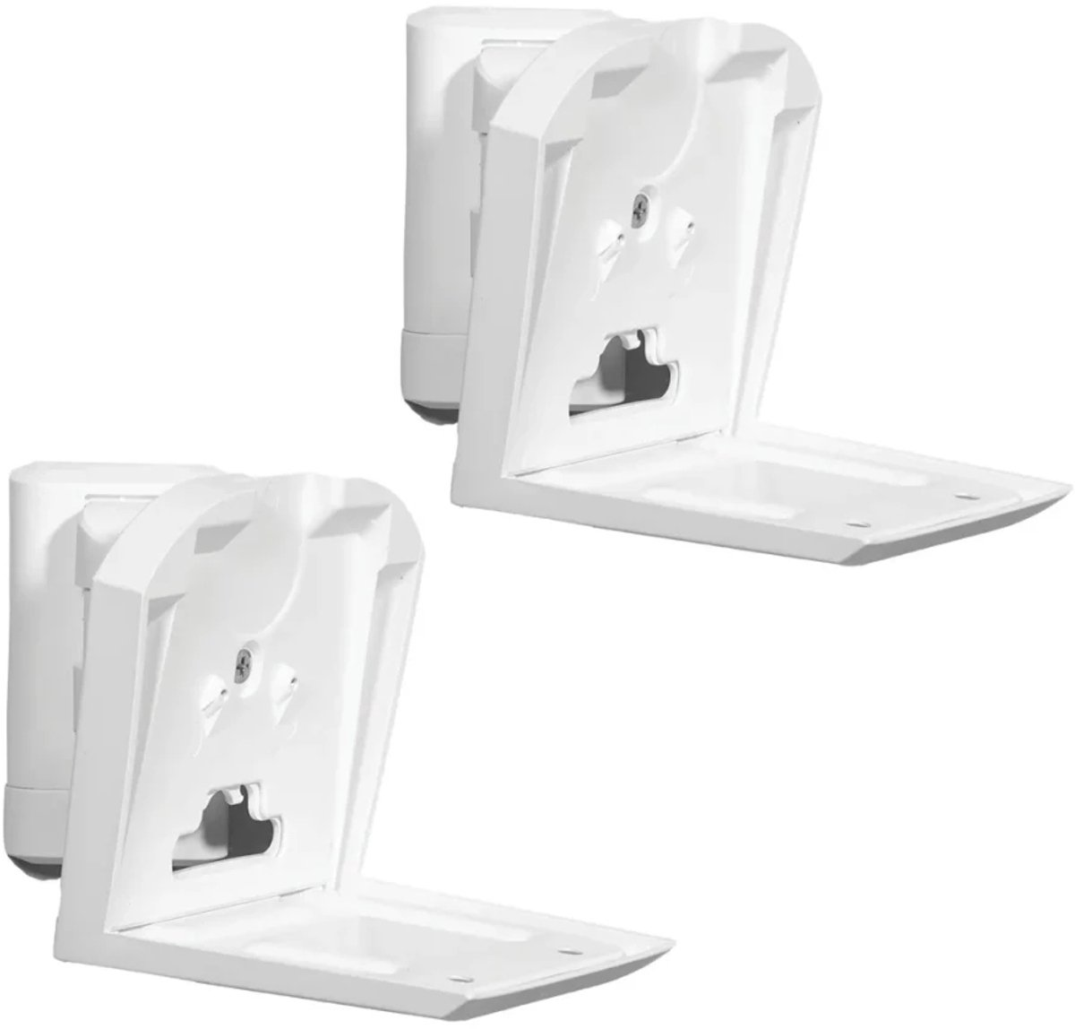 Two white wall mounts are shown, each with a hinged front panel and a rectangular base. They are against a white background.