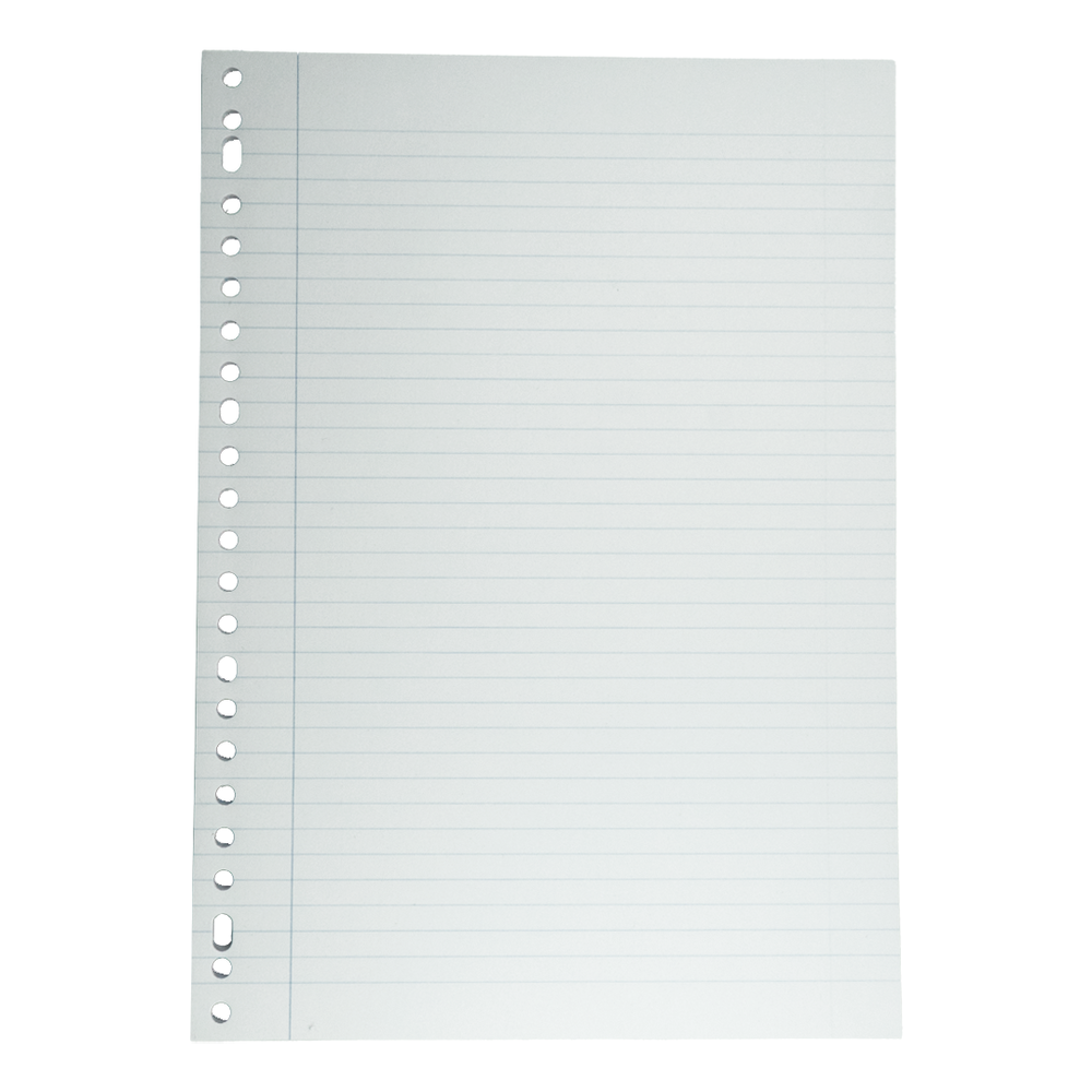 A white, lined, hole-punched paper sheet, isolated on white. Blue lines run horizontally, and holes are on the left edge.