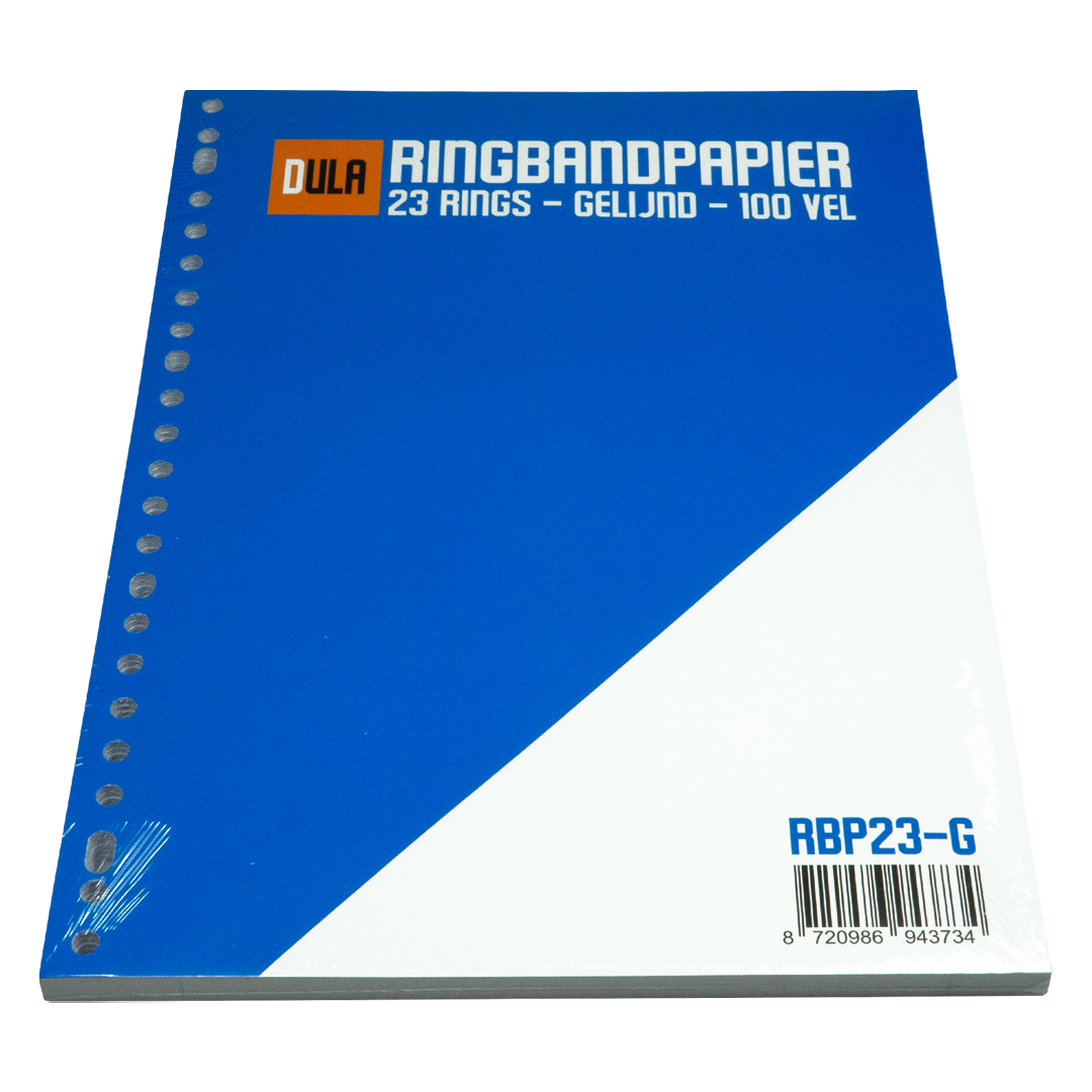 A blue and white ring binder with text. The binder has holes on the side and a barcode.