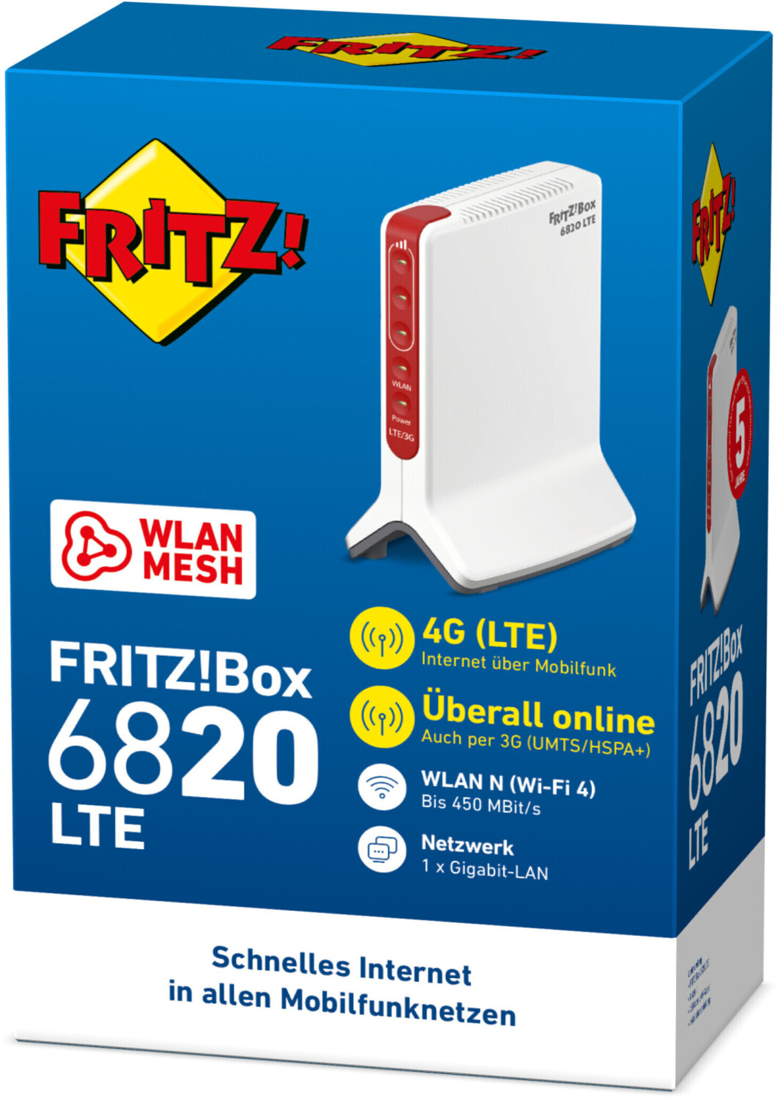 Pudełko routera FRITZ!Box 6820 LTE. Cechy: WLAN Mesh, 4G LTE i Gigabit LAN. Niebieskie pudełko z białym obrazem routera.