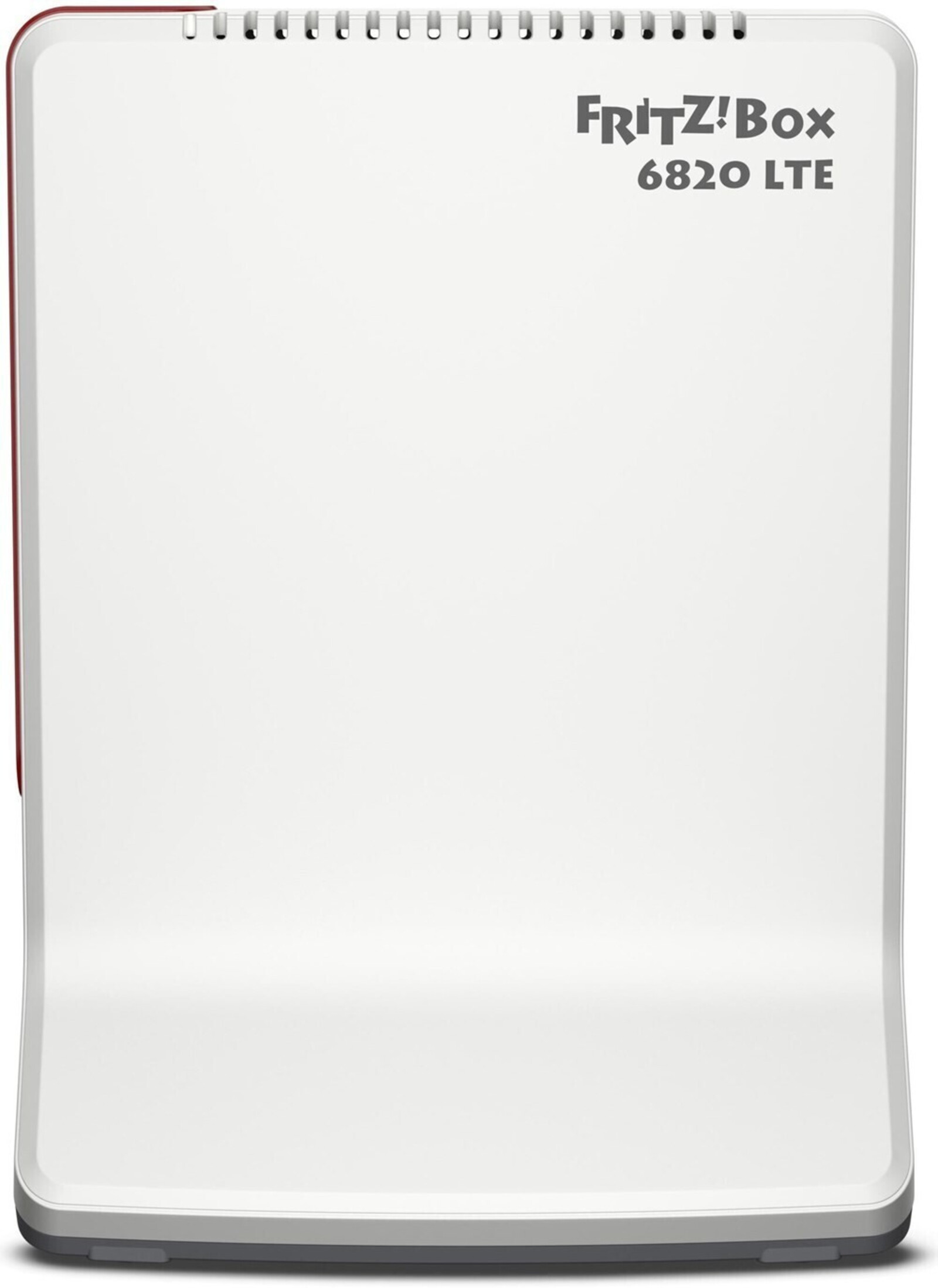 Biało-szary modem z napisem 'FRITZ!Box 6820 LTE'. Ma zaokrąglony kształt.