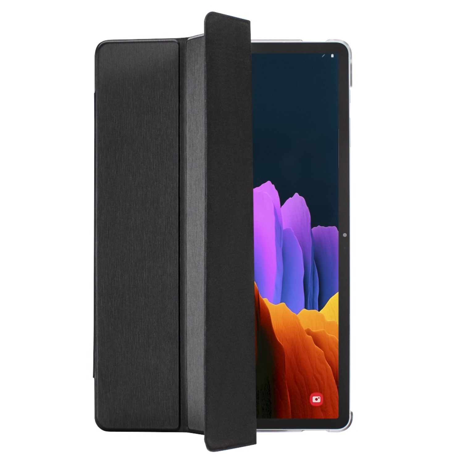 Ein Tablet in einer schwarzen Hülle. Der Bildschirm zeigt ein farbenfrohes, bergähnliches Bild. Die Hülle ist teilweise geöffnet.