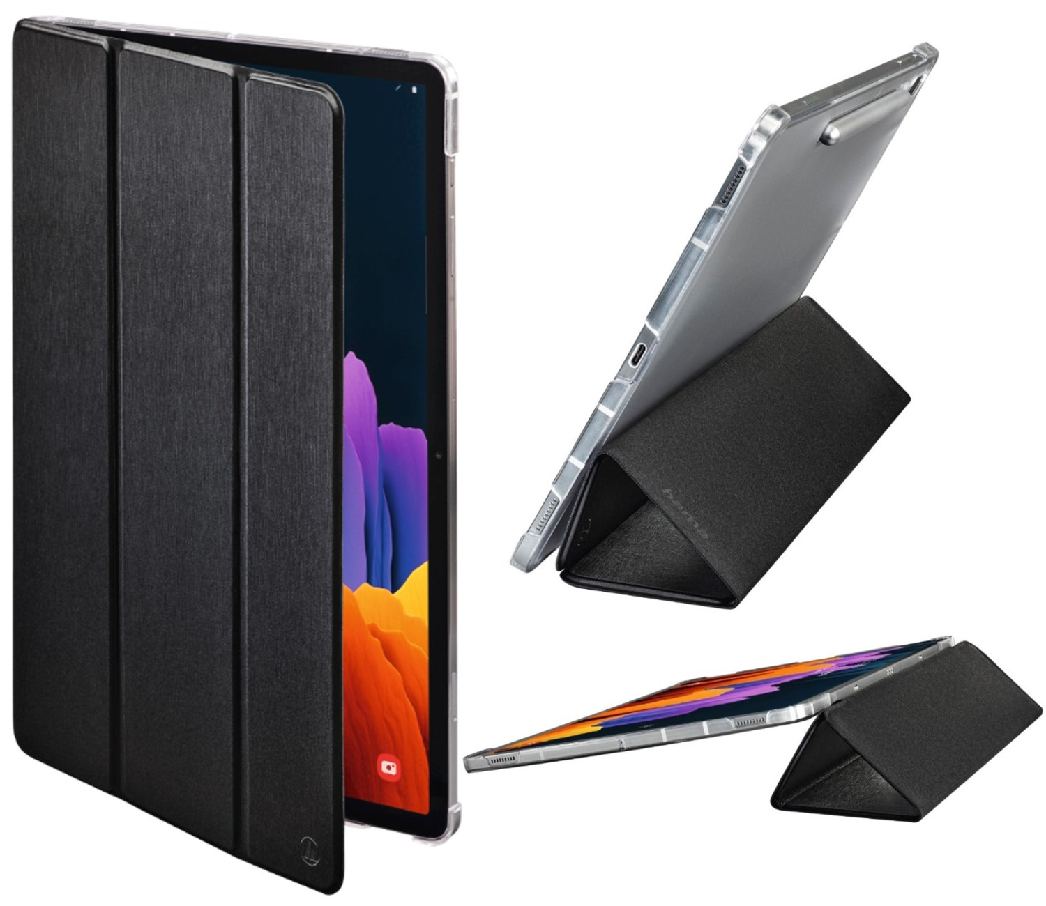 Ein Tablet in einer schwarzen Hülle, in drei verschiedenen Positionen gezeigt. Das Tablet wird von einem schwarzen Ständer gehalten.