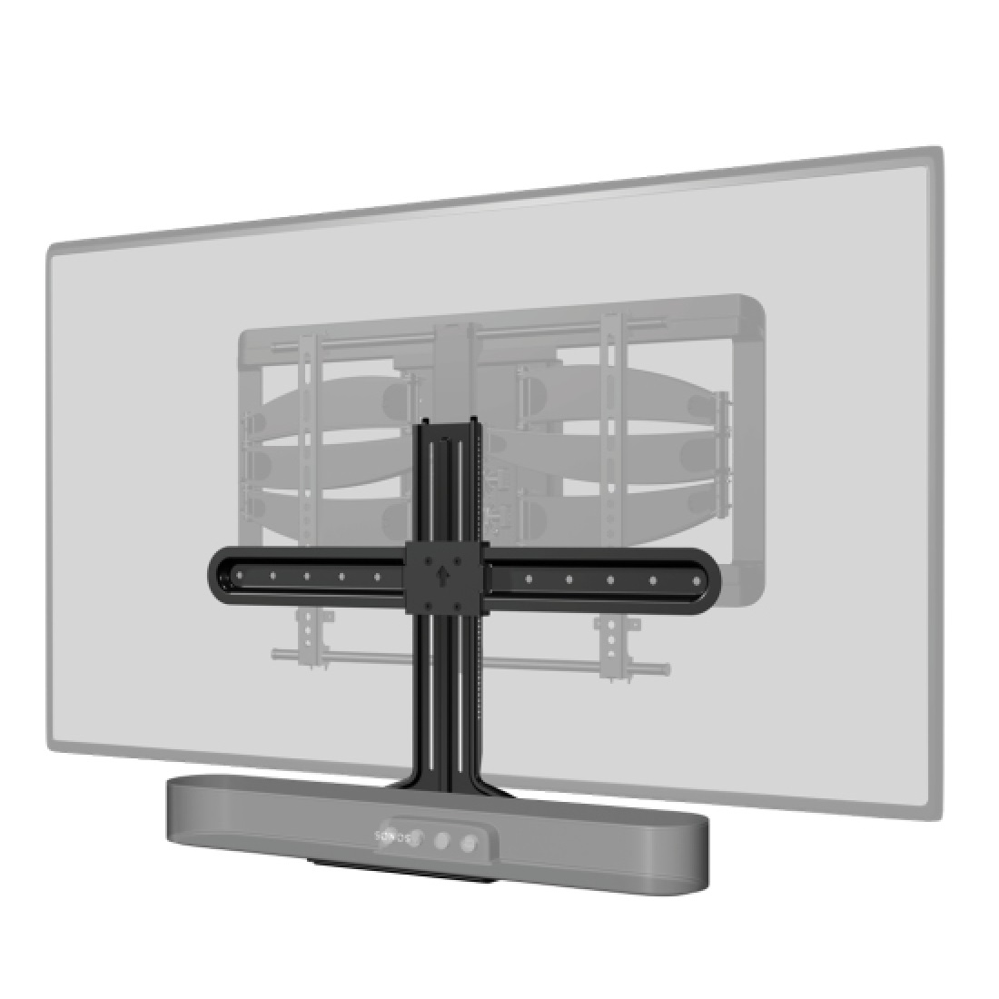 A black soundbar and mounting bracket are attached to the back of a TV. The TV is partially transparent.