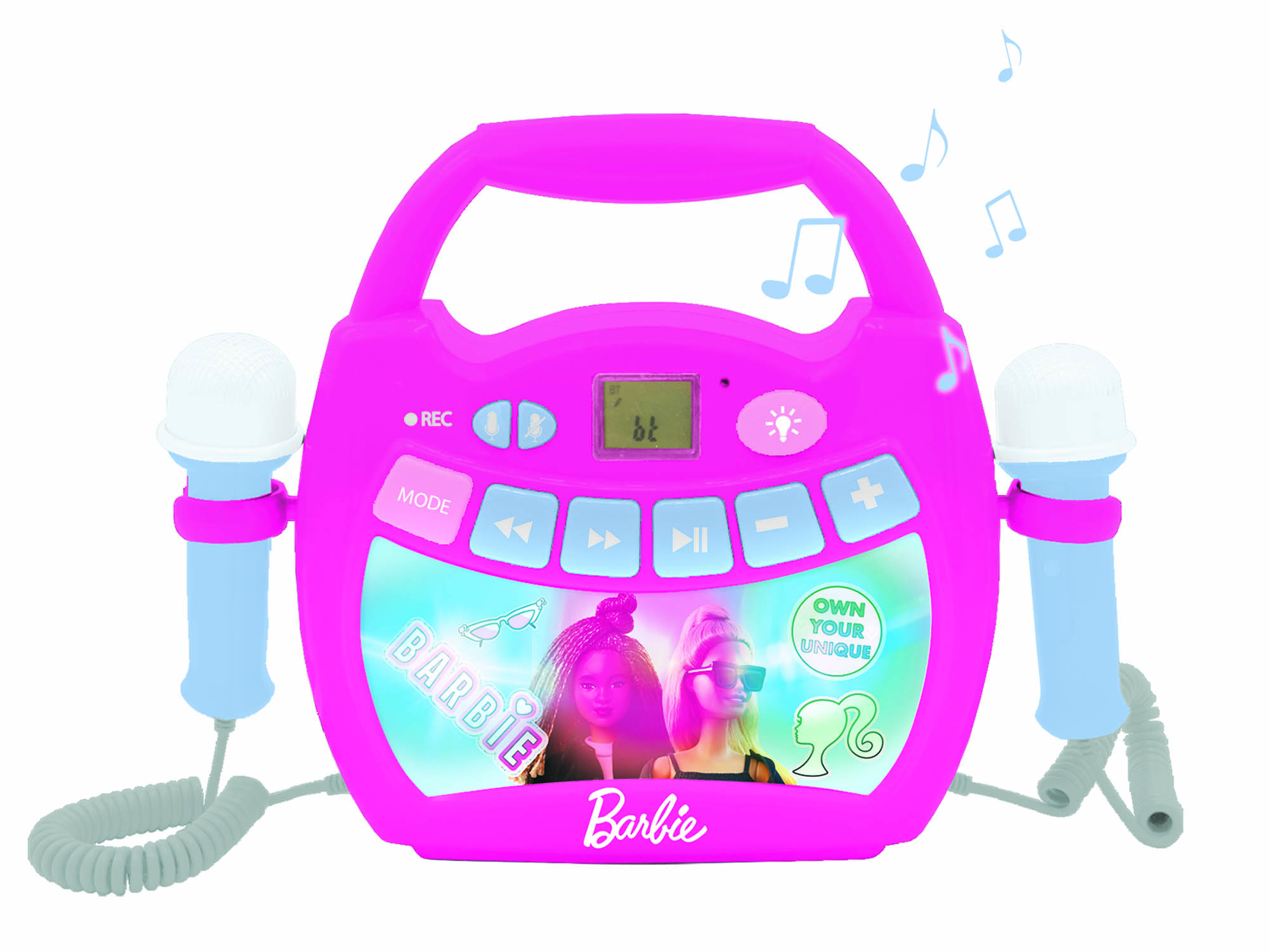 Una macchina per karaoke Barbie rosa con due microfoni. Note musicali fluttuanti. Presenta pulsanti e immagini di bambole Barbie.