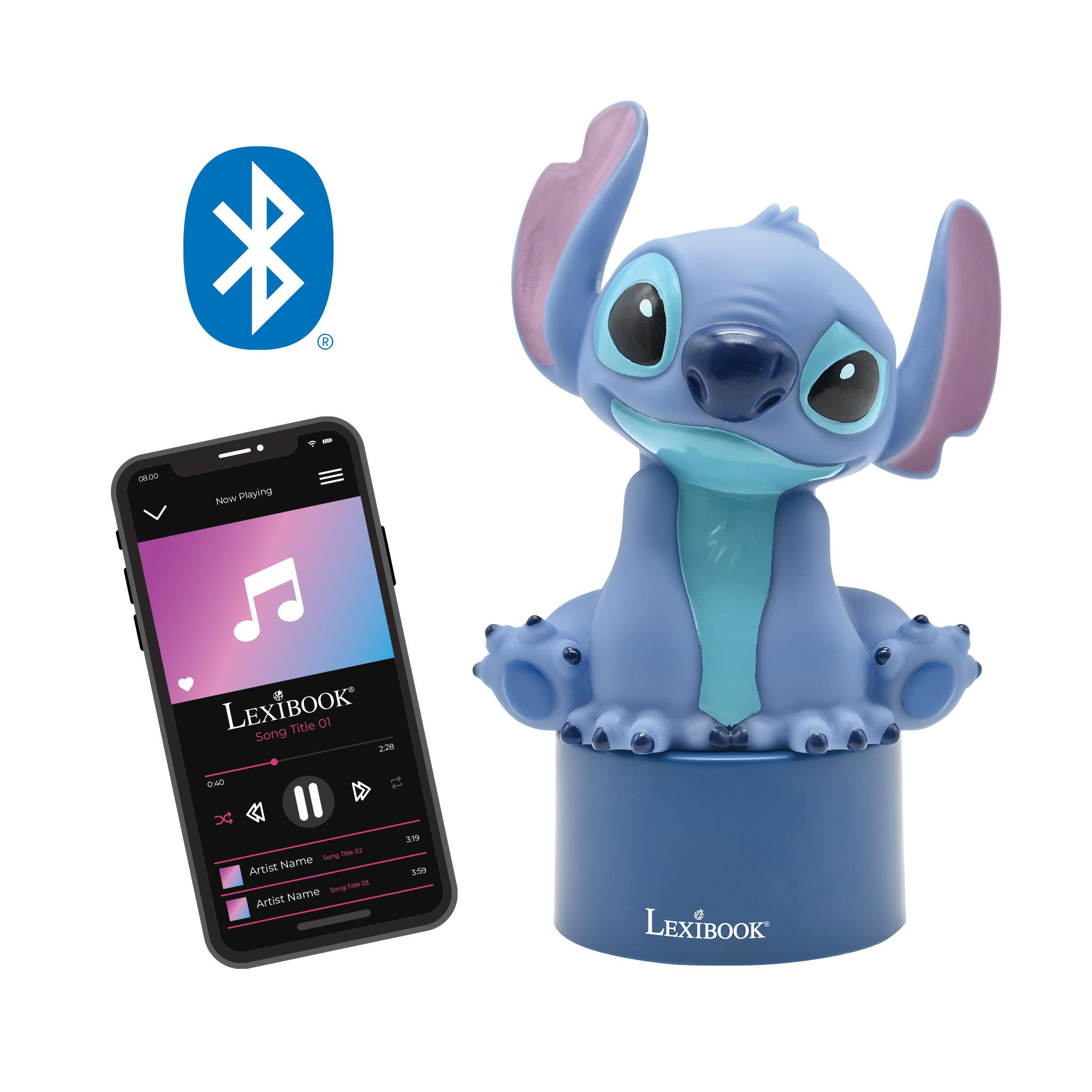 Altoparlante Stitch blu con telefono che riproduce musica. Simbolo Bluetooth.