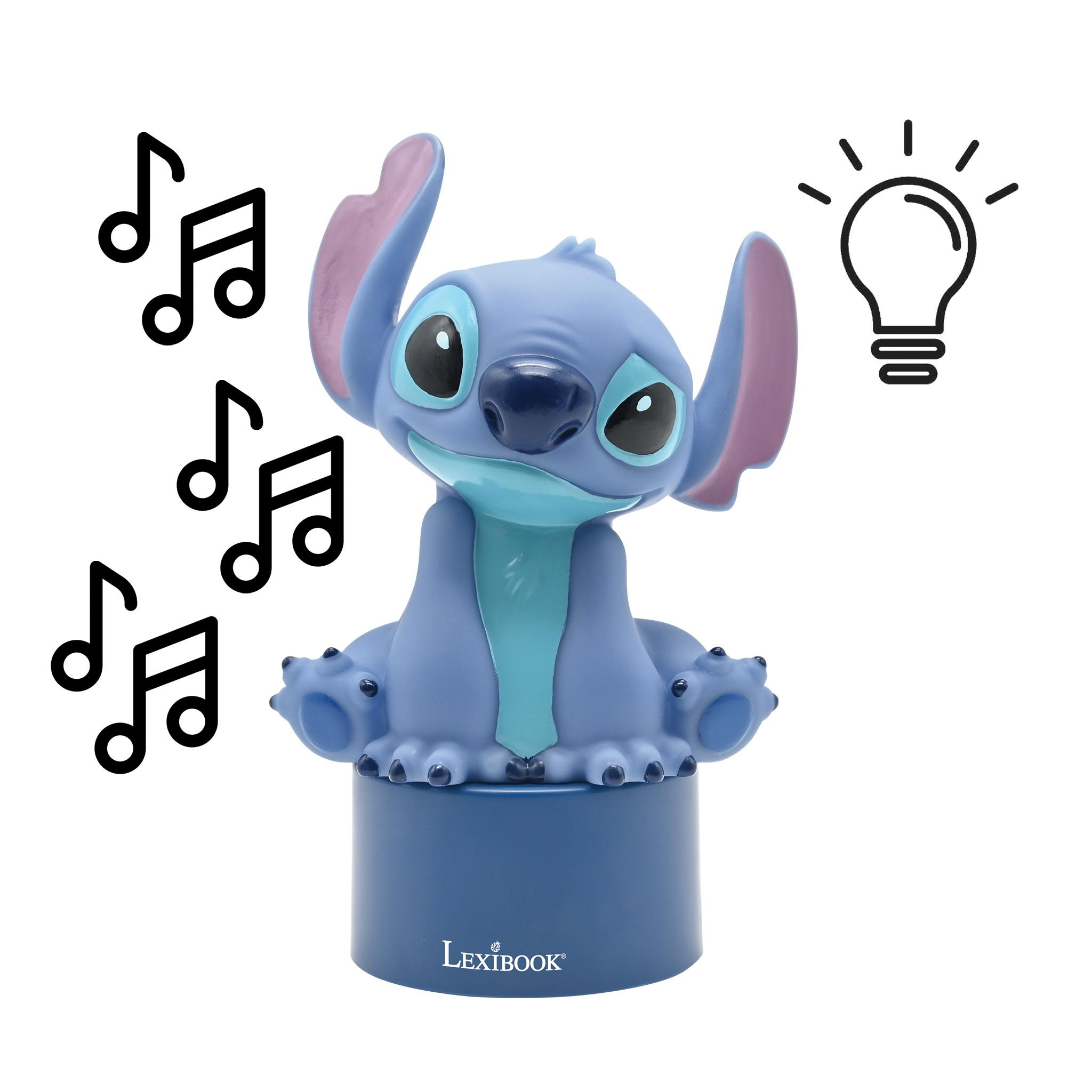 Una statuetta blu di Stitch su base blu. Note musicali e un'icona a forma di lampadina accanto a Stitch su sfondo bianco.