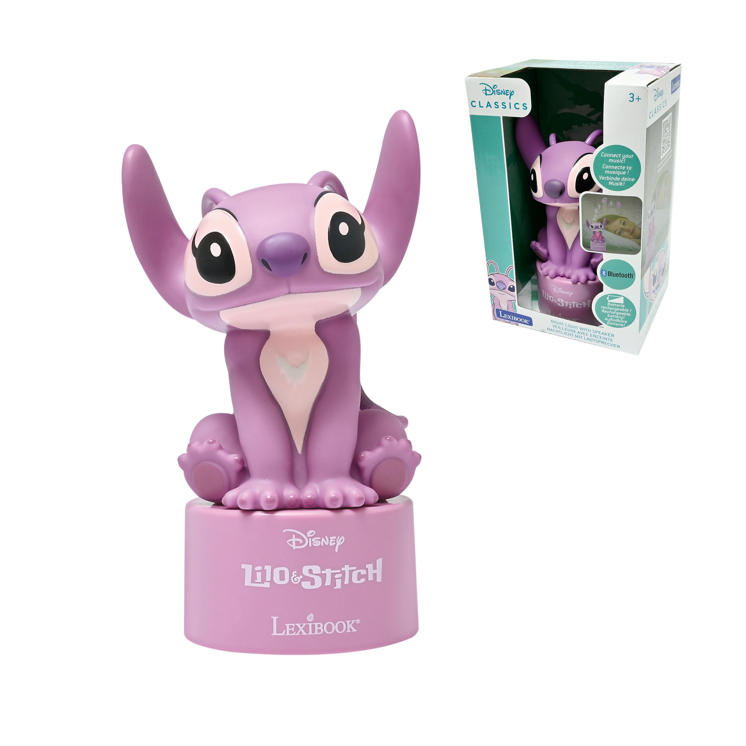 Una figura viola di Stitch con grandi orecchie è seduta su una base. Sulla destra c'è una scatola con la stessa immagine.