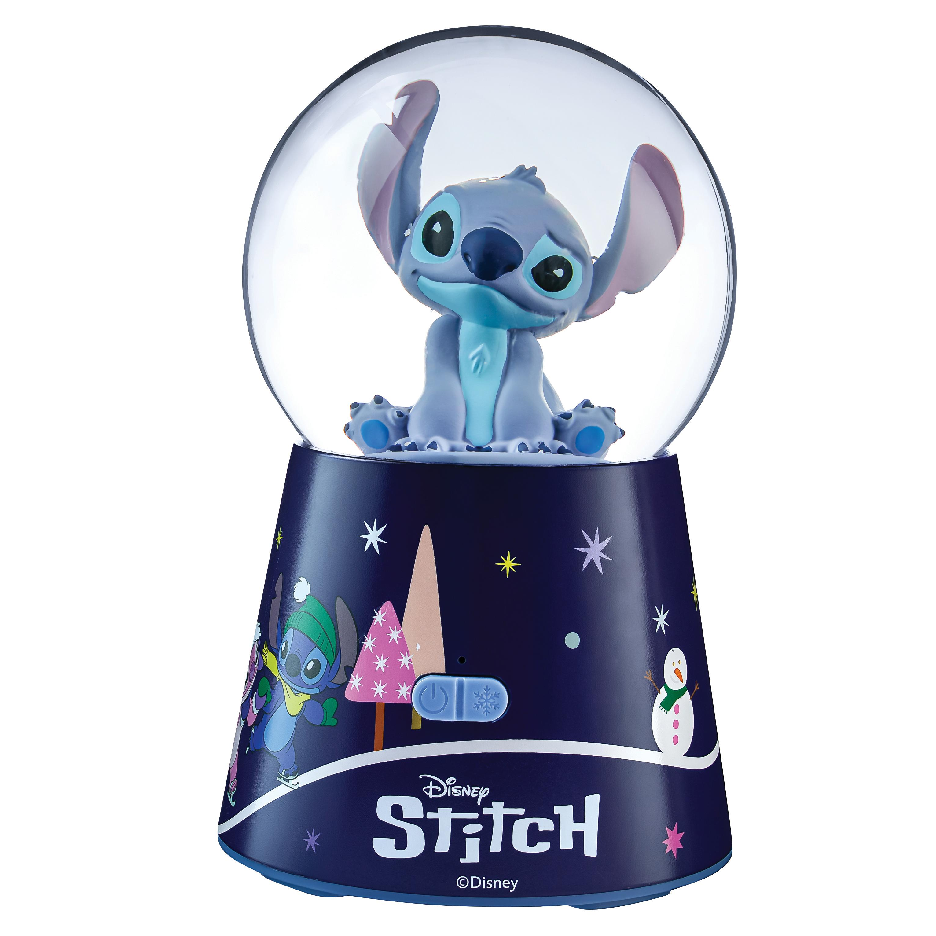 Una palla di neve di Stitch. Figura di Stitch all'interno, base blu con disegni di Stitch e invernali. Logo Disney Stitch.