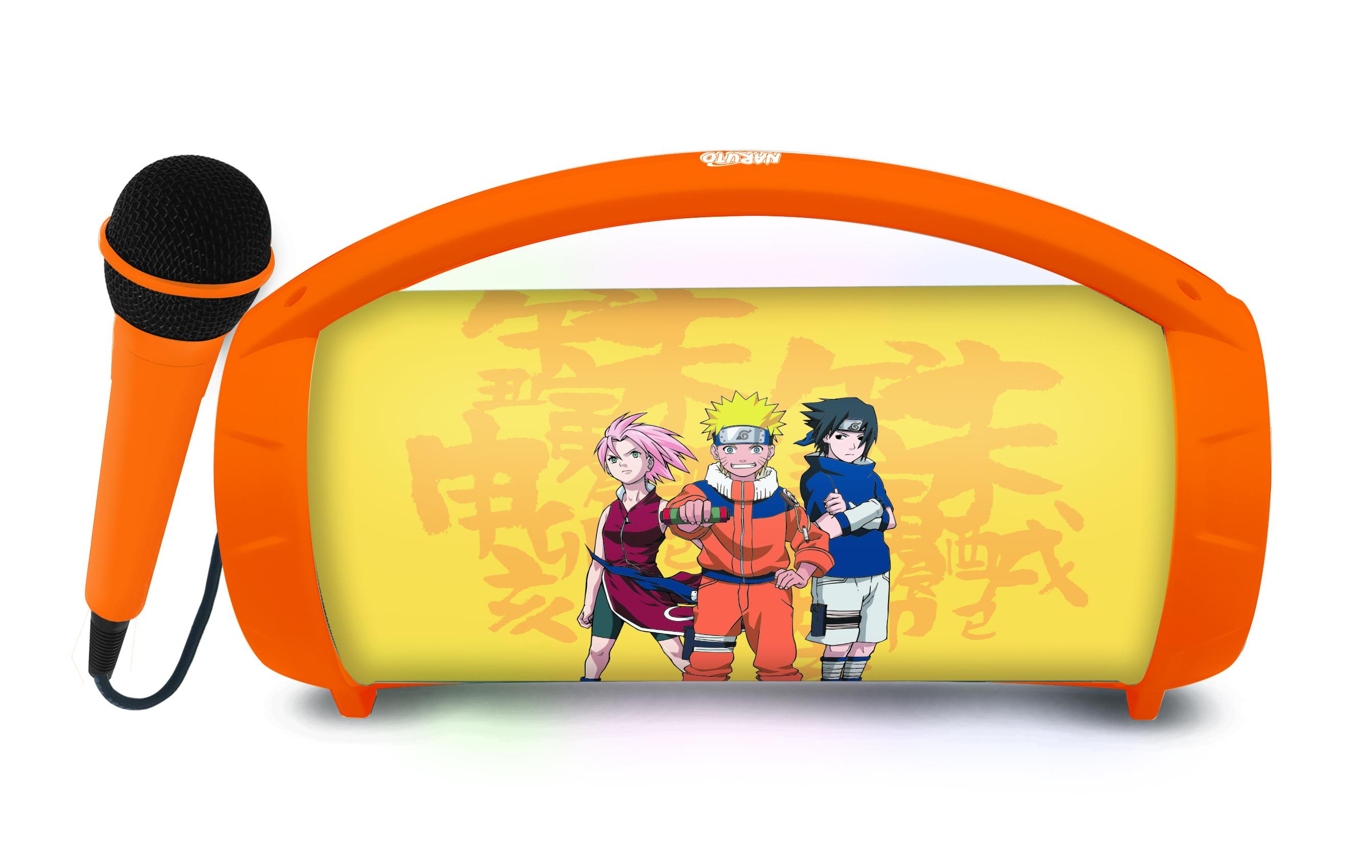 Macchina per karaoke arancione con microfono. Personaggi di Naruto sul davanti. Sfondo giallo.