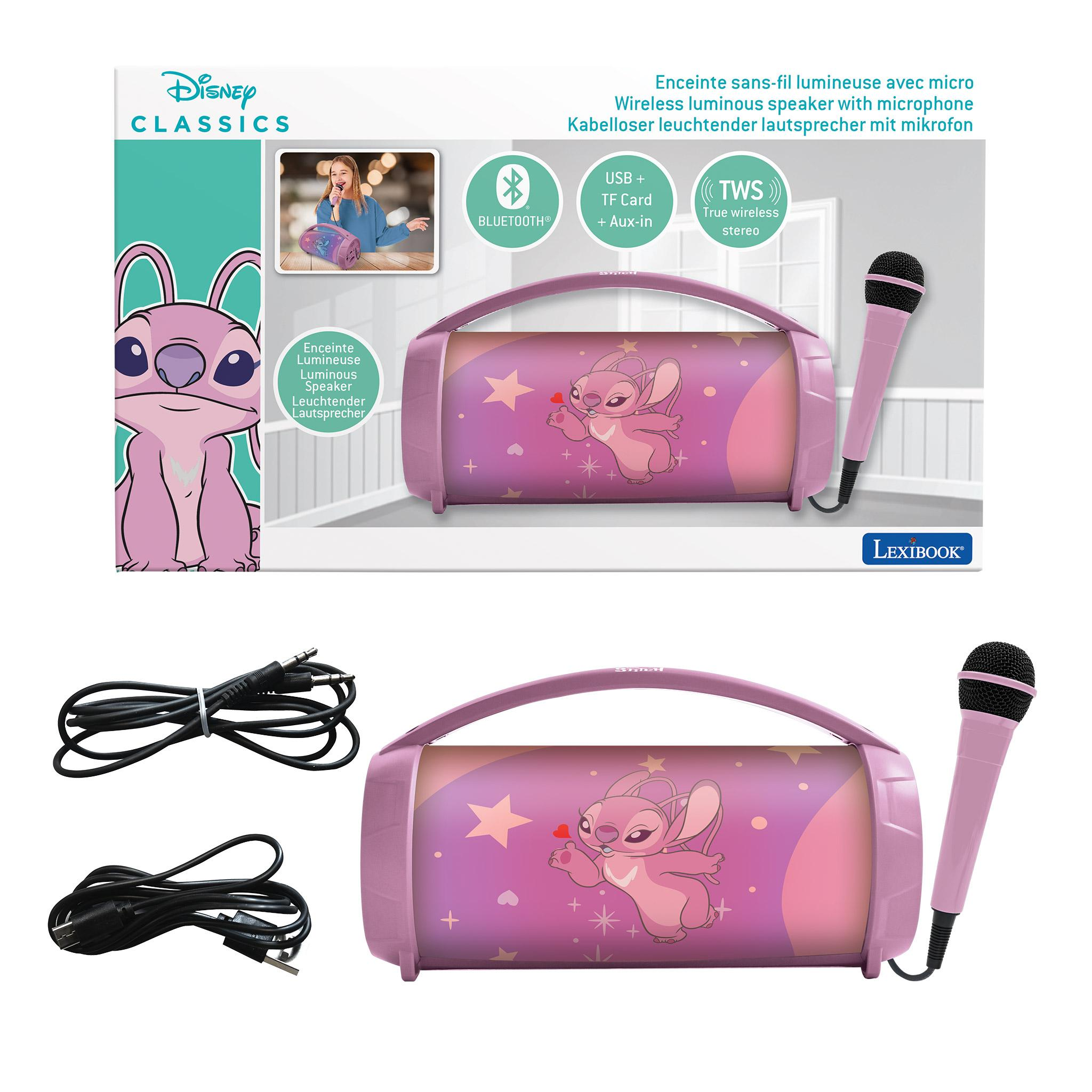 Un altoparlante Stitch rosa con microfono e cavi. Il logo Disney Classics è in alto a sinistra.