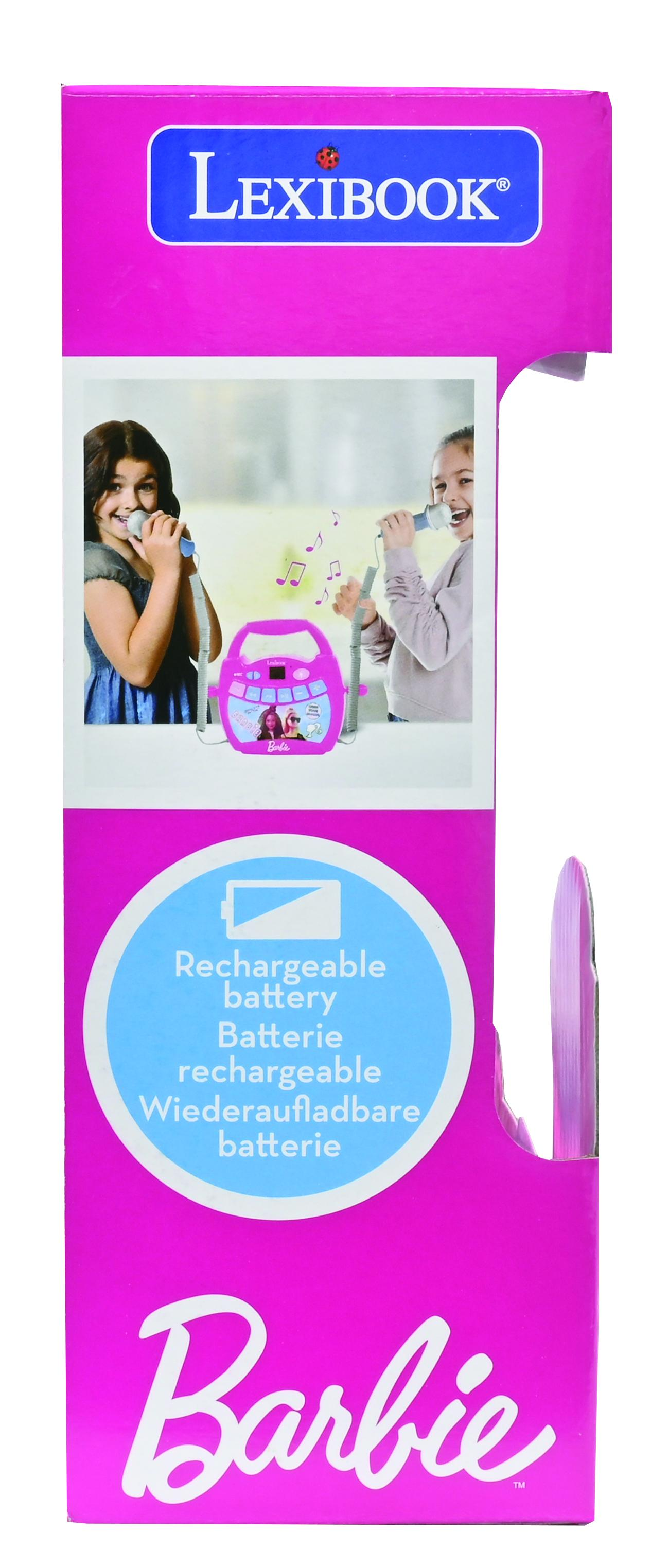 Una scatola rosa del karaoke di Barbie con due ragazze che cantano in microfoni. Ha un simbolo di batteria ricaricabile.