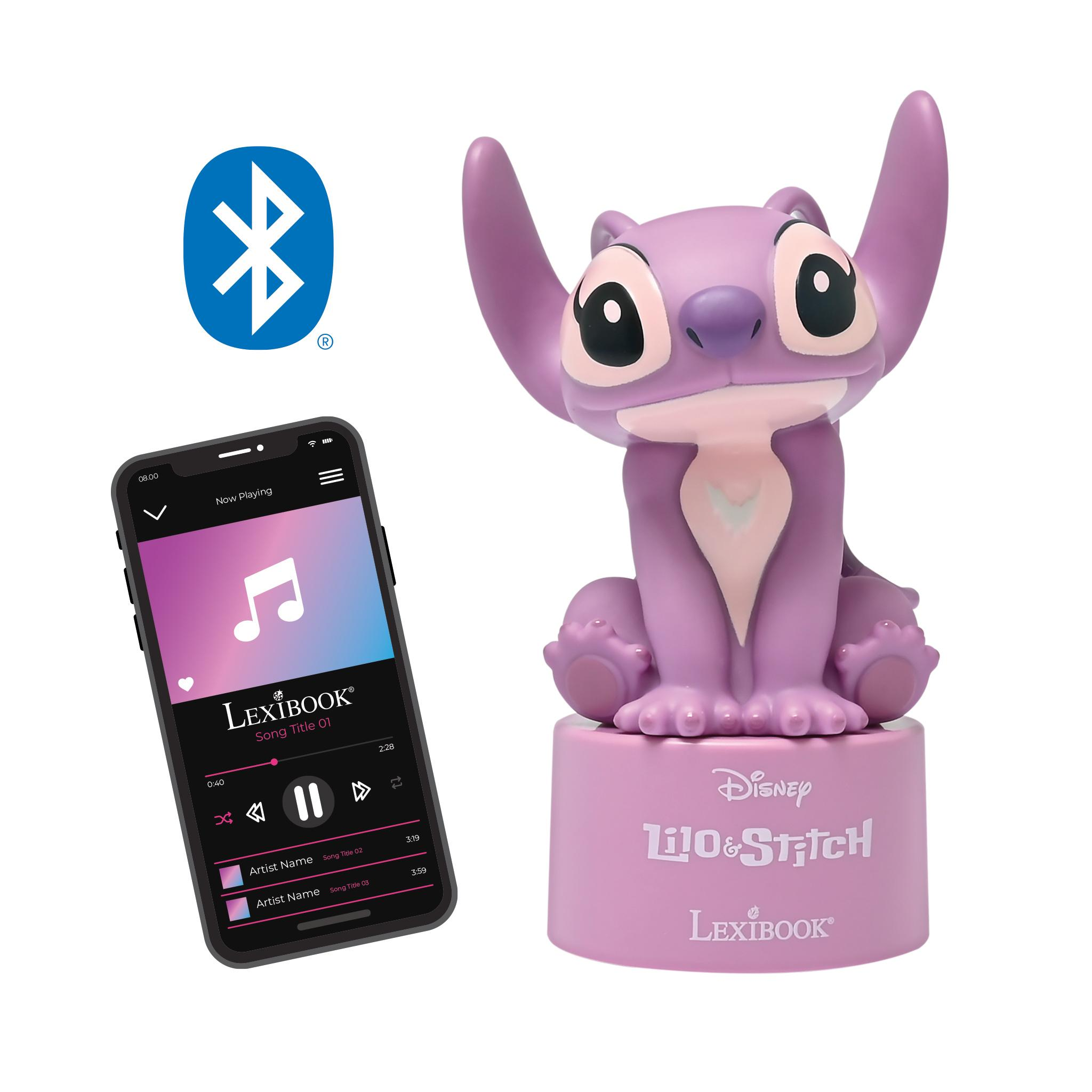 Una figura di Stitch su un altoparlante Lexibook, un telefono con musica e logo Bluetooth.