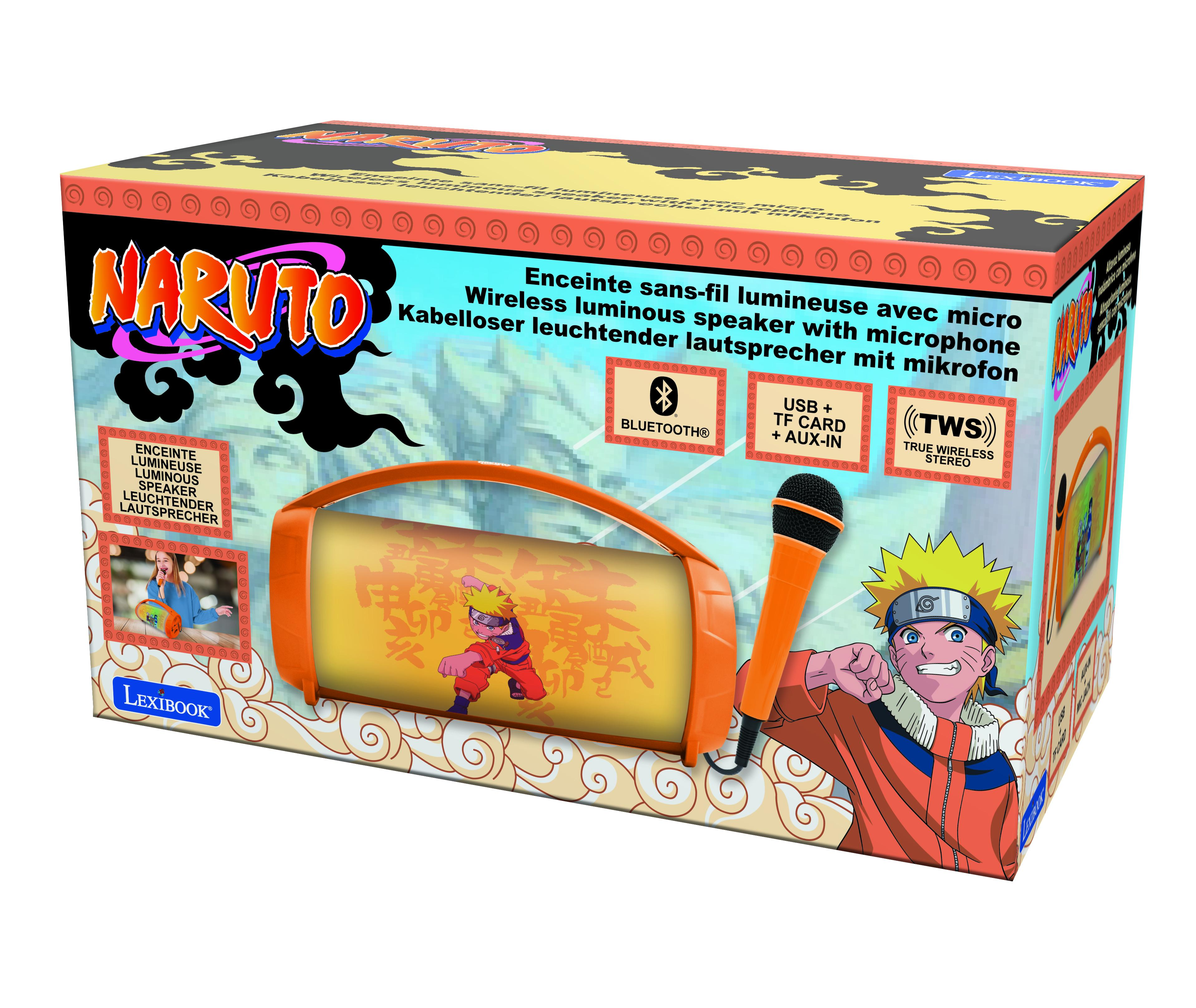 Scatola con grafica di Naruto, altoparlante arancione e microfono. Il testo include le caratteristiche dell'altoparlante.
