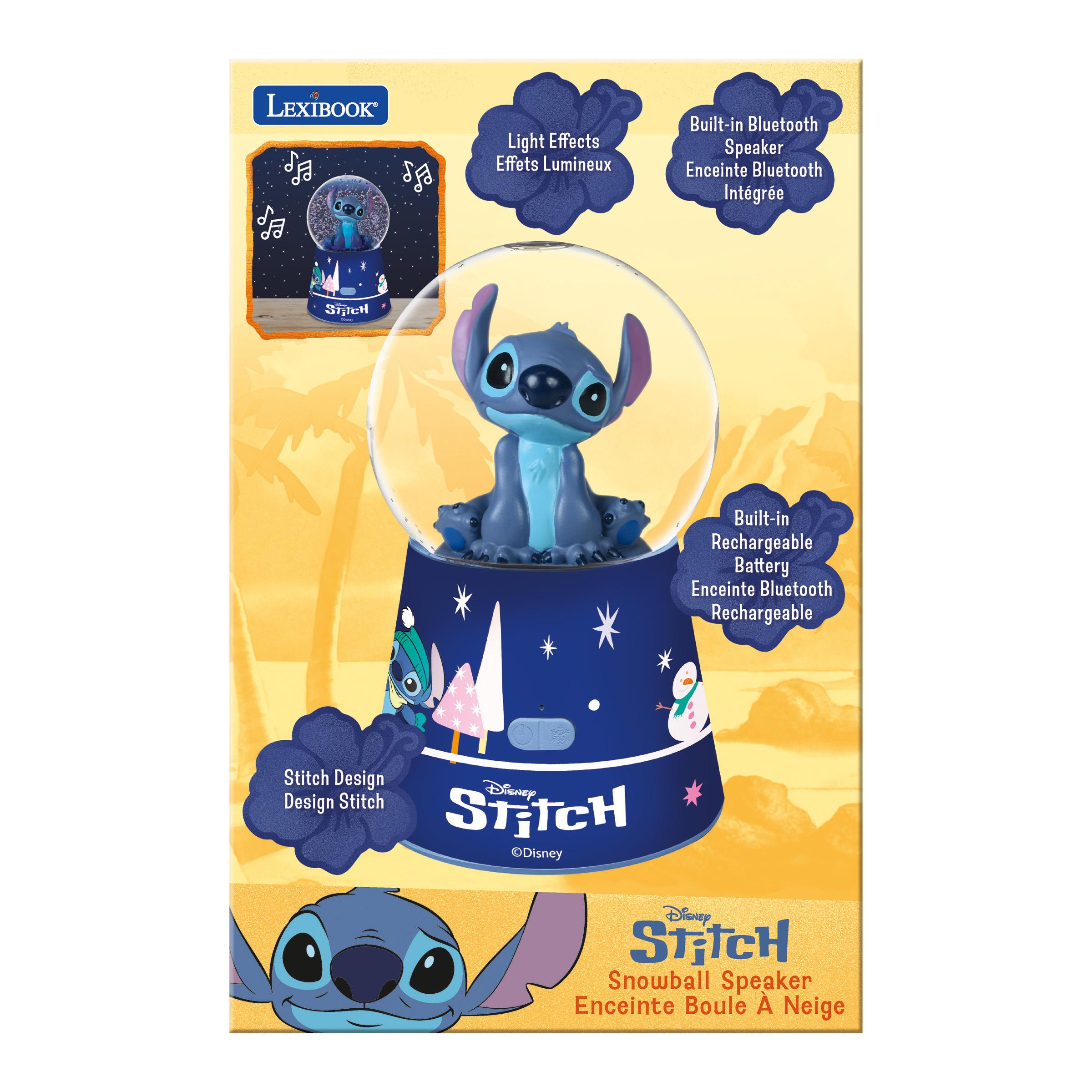 Un altoparlante a sfera di neve di Stitch. Ha una base blu con figure di Stitch ed effetti neve.