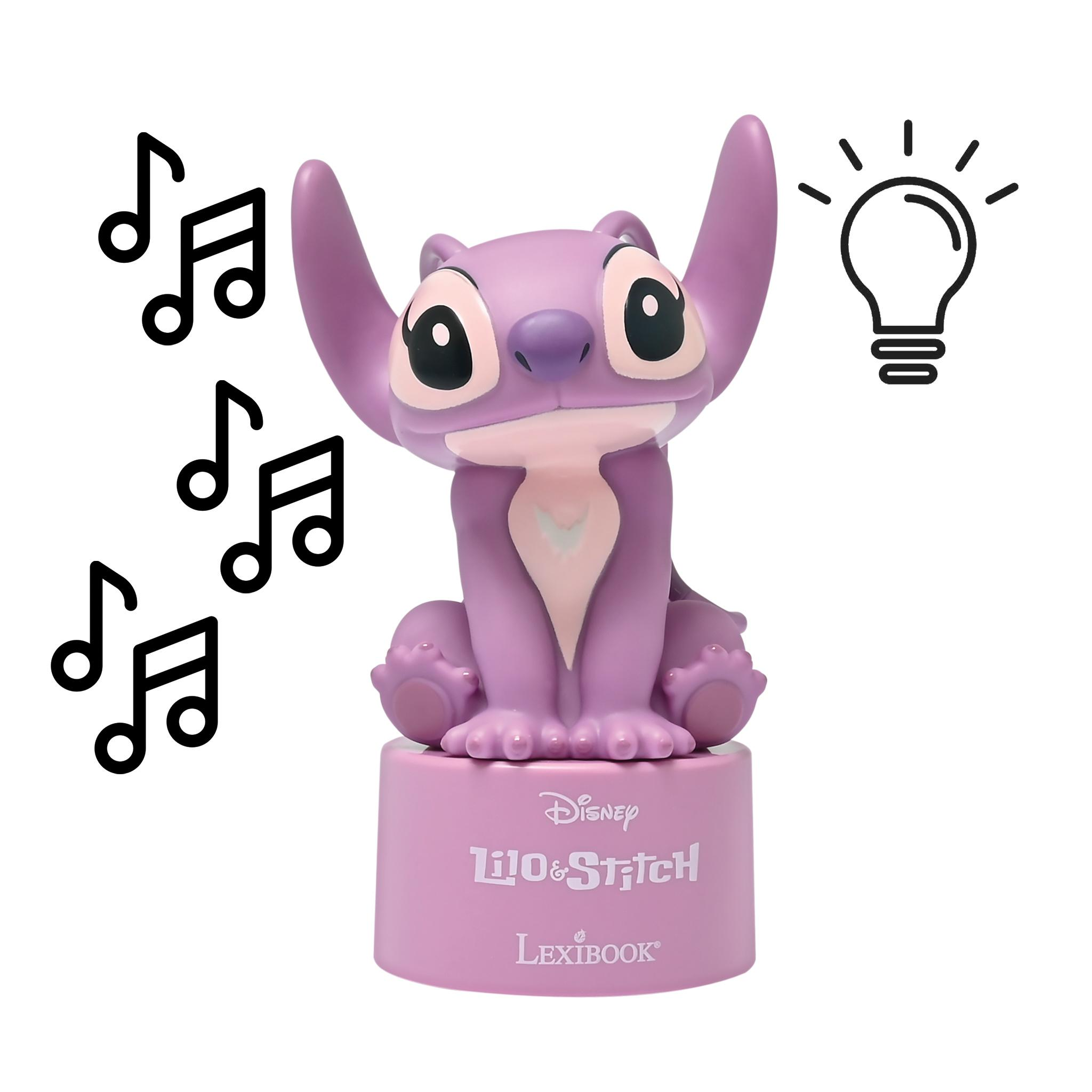 Una figura di Stitch viola con note musicali, un'icona di lampadina e le parole "Lilo & Stitch" e "Lexibook".