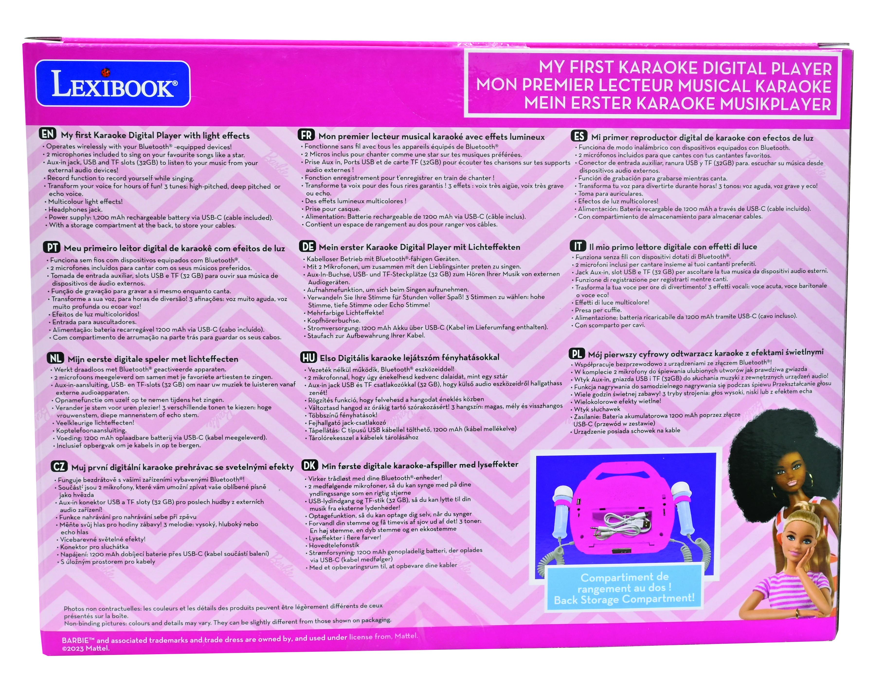 Un lettore karaoke rosa con due microfoni, bambole Barbie sulla confezione.