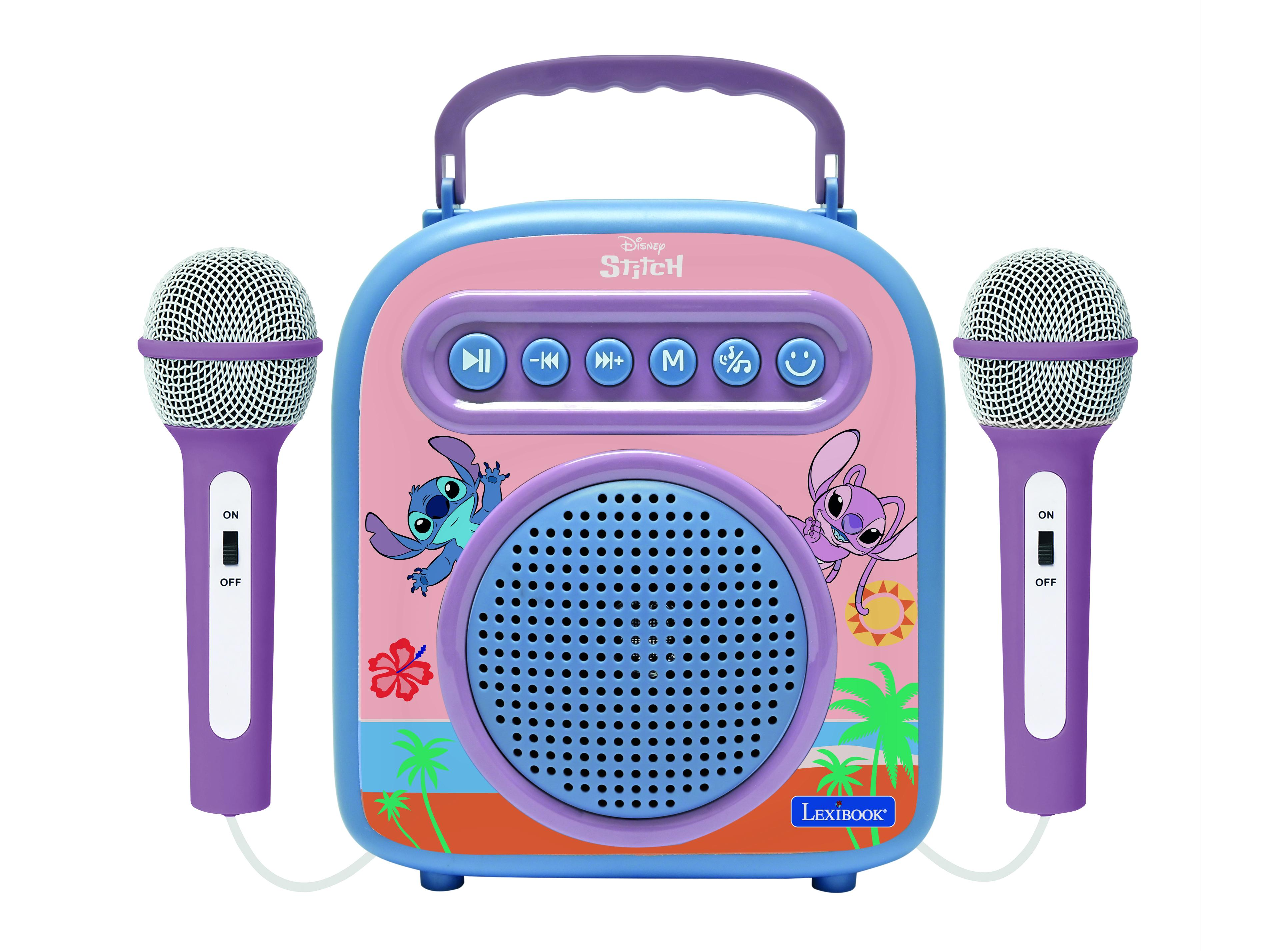 Una macchina per karaoke Stitch rosa e blu con due microfoni viola. Presenta personaggi Stitch e design tropicali.