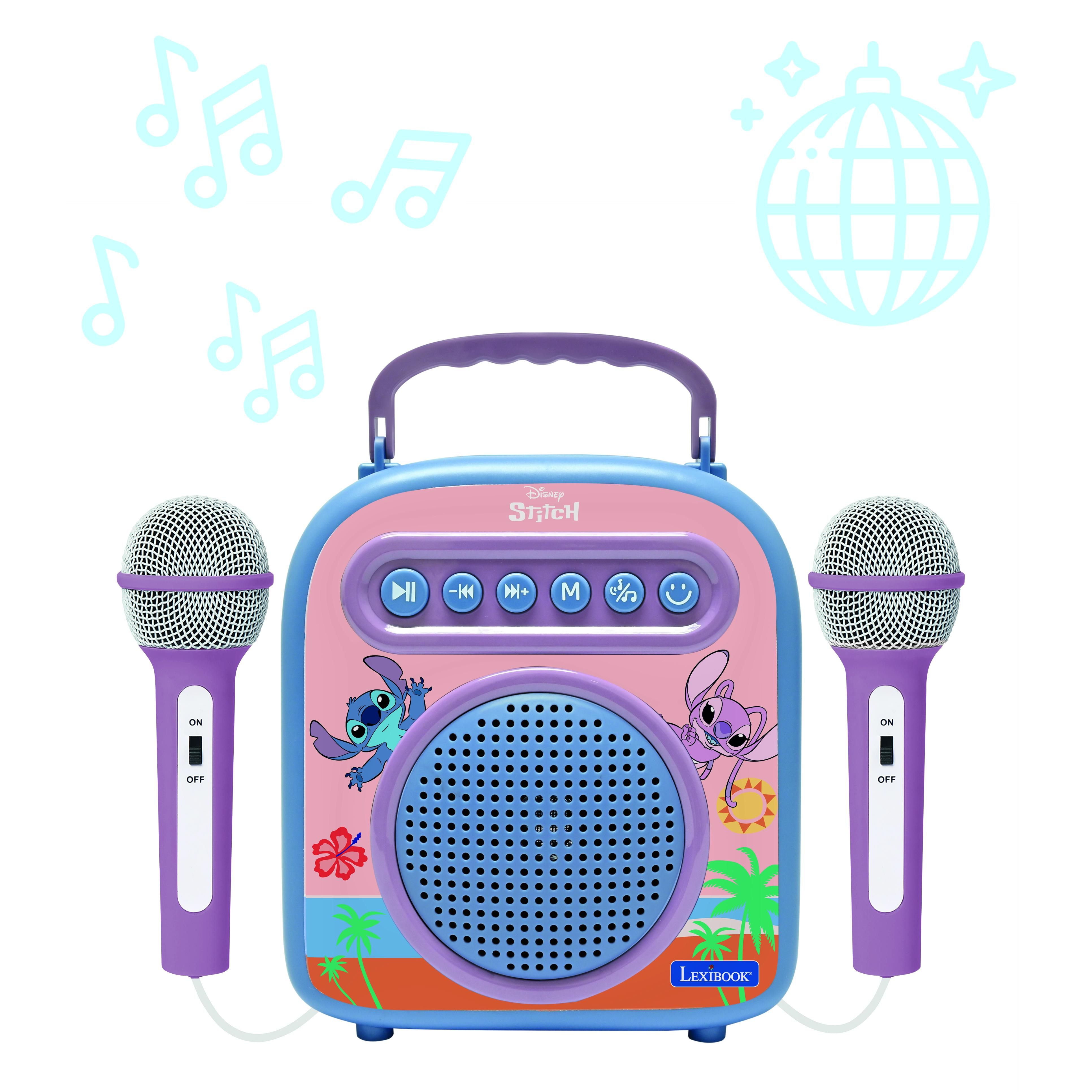 Una macchina per karaoke Stitch rosa e blu con due microfoni. Illustrazioni di Stitch e Angel sul davanti.