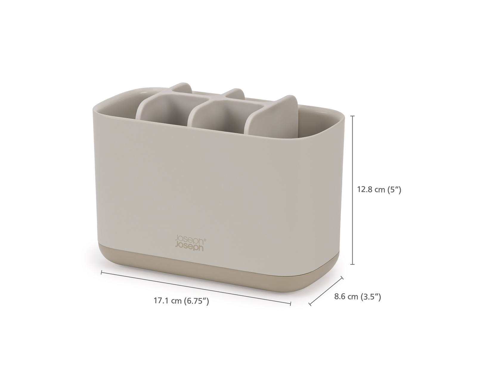 Un porta cepillos de dientes beige con cuatro compartimentos, dimensiones etiquetadas. La base es beige claro, marca Joseph Joseph.