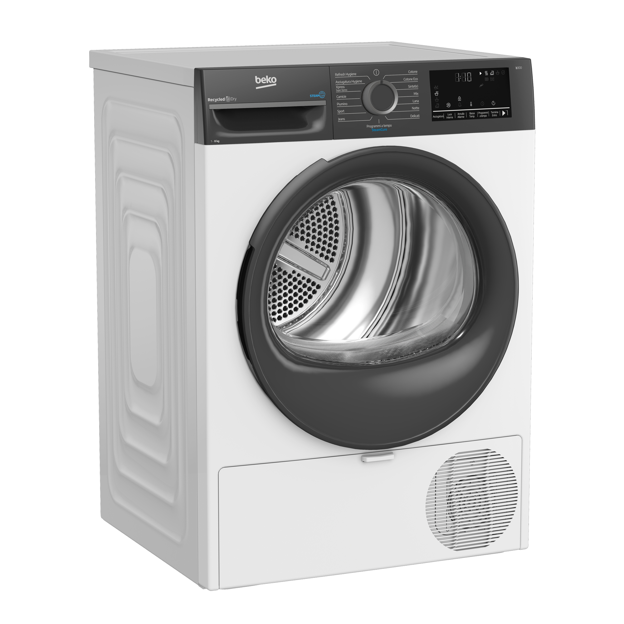 Un'asciugatrice Beko bianca con porta e pannello di controllo neri. Ha varie impostazioni e un display digitale.