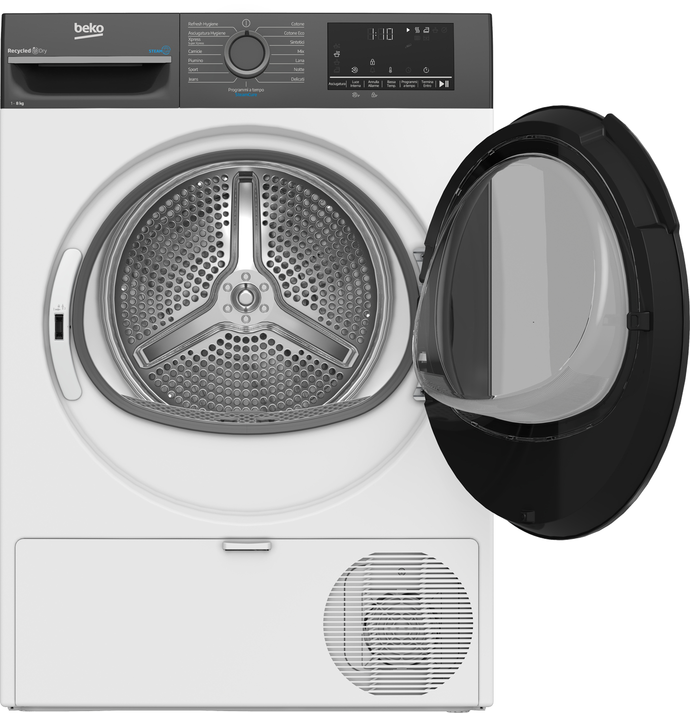 Un'asciugatrice Beko bianca con porta nera aperta. All'interno, un cestello in acciaio inossidabile è visibile. Comandi in alto.