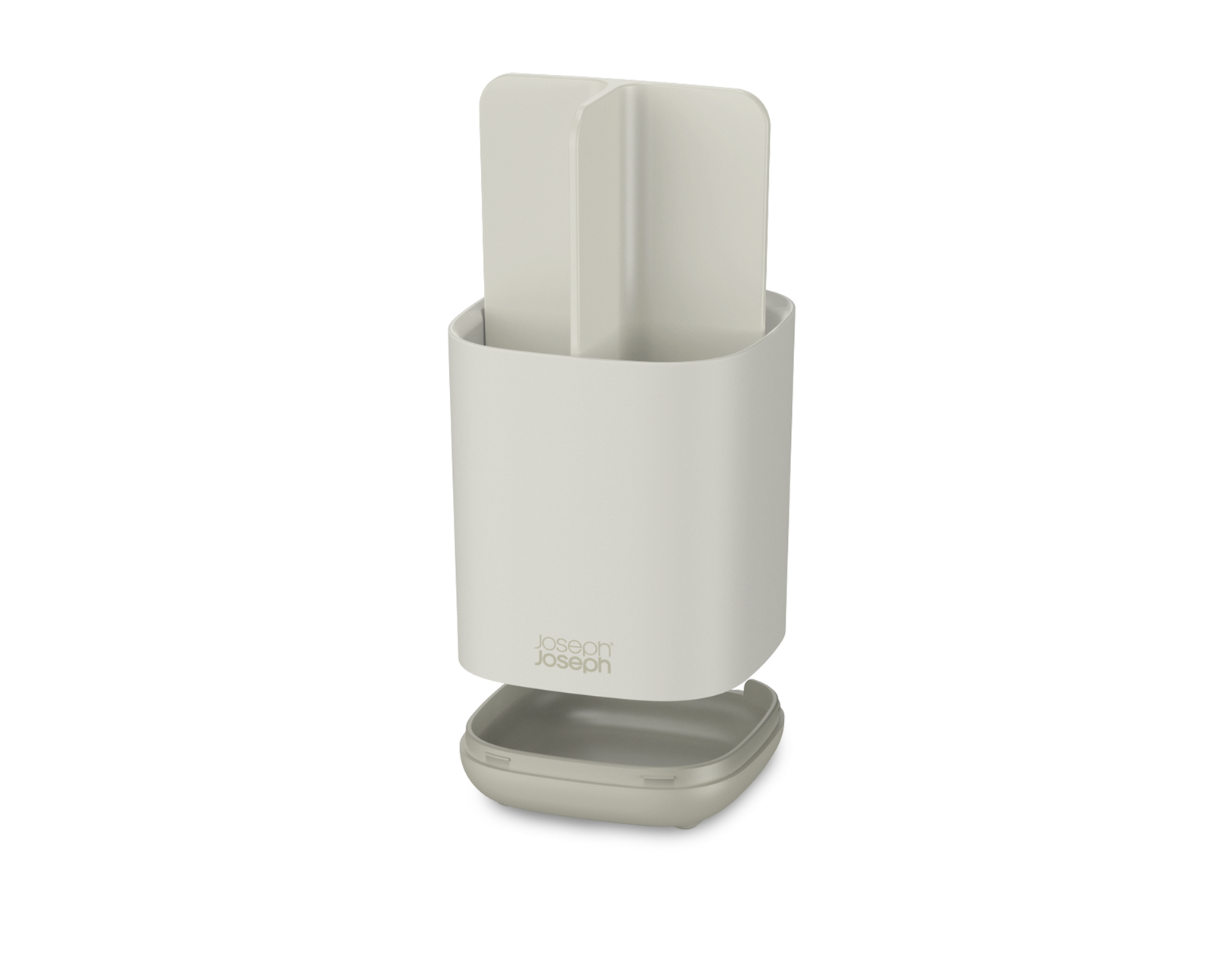 Un porta utensilios Joseph Joseph color crema con divisores y una base separada sobre un fondo blanco.
