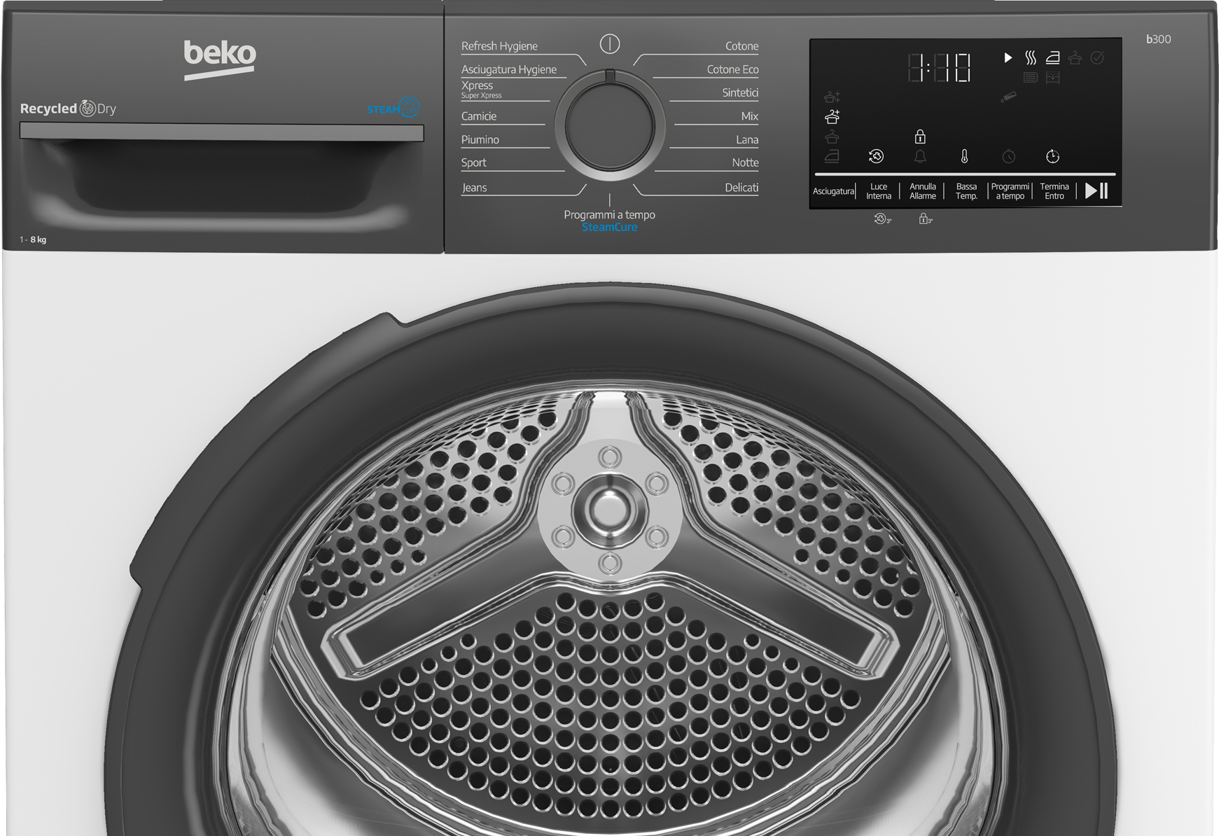 Un'asciugatrice Beko con pannello di controllo, porta e display digitale. I programmi includono Refresh Hygiene, Jeans e altro.