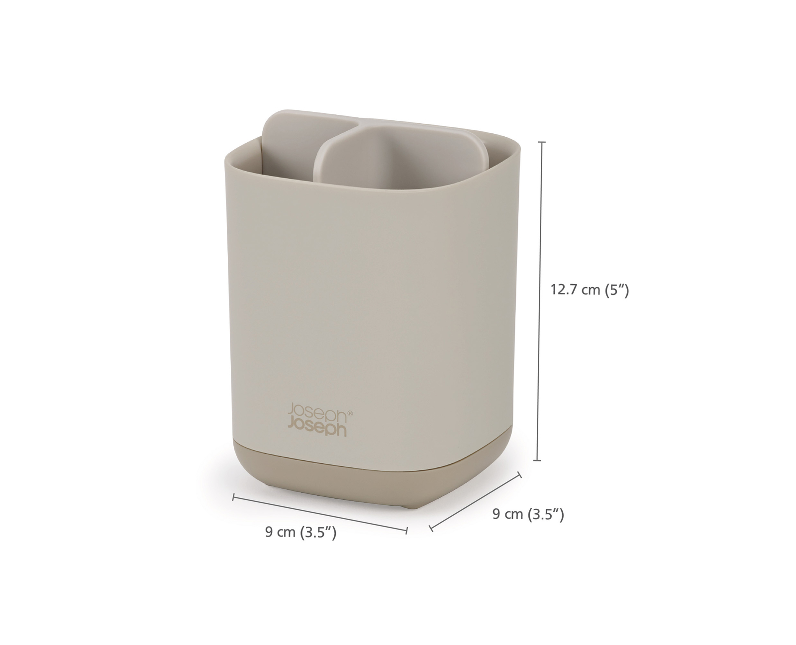 Un porta cepillos de dientes beige con dos compartimentos. Se muestran las dimensiones. La marca es Joseph Joseph.