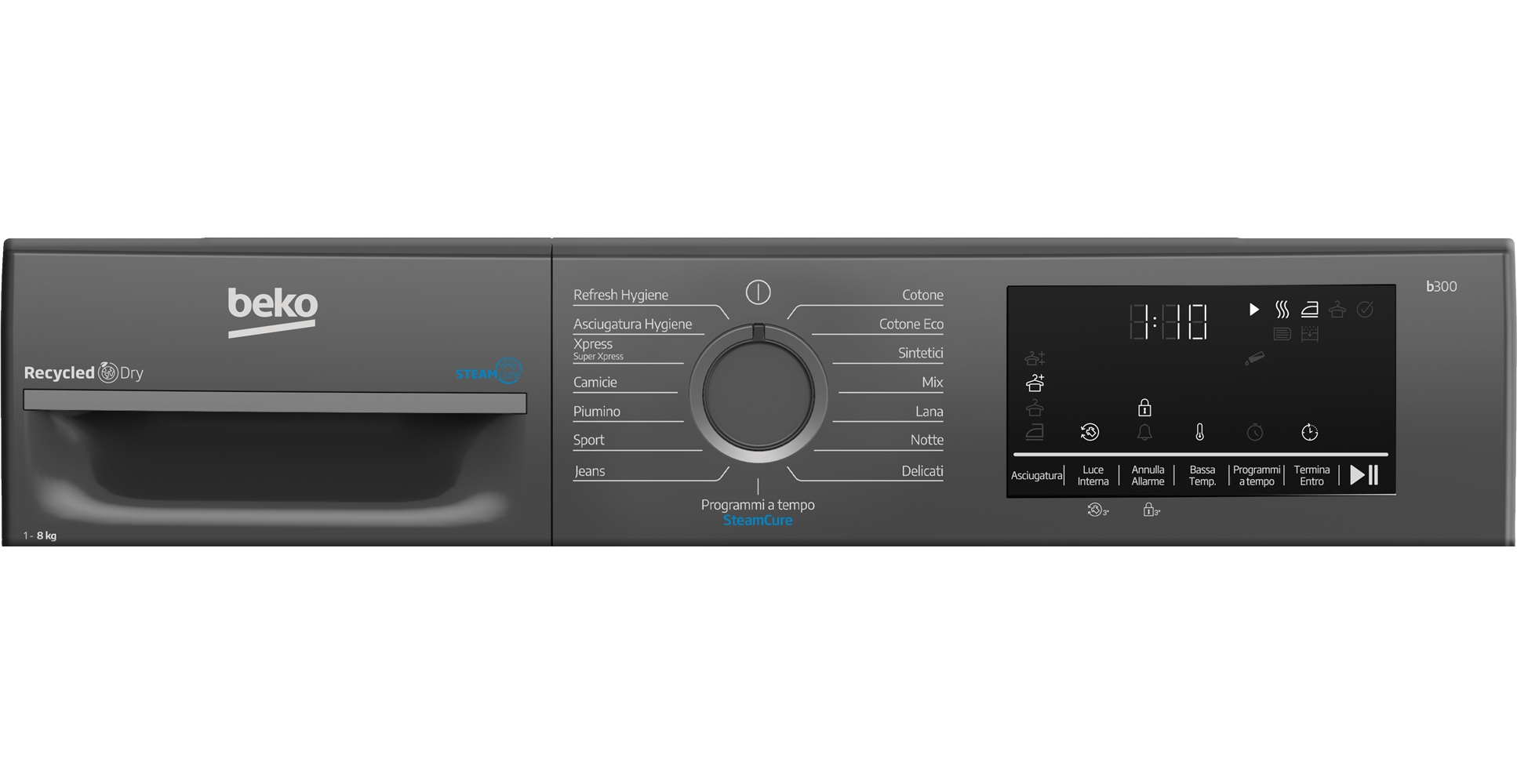 Pannello di controllo grigio della lavatrice Beko con varie impostazioni e display digitale.