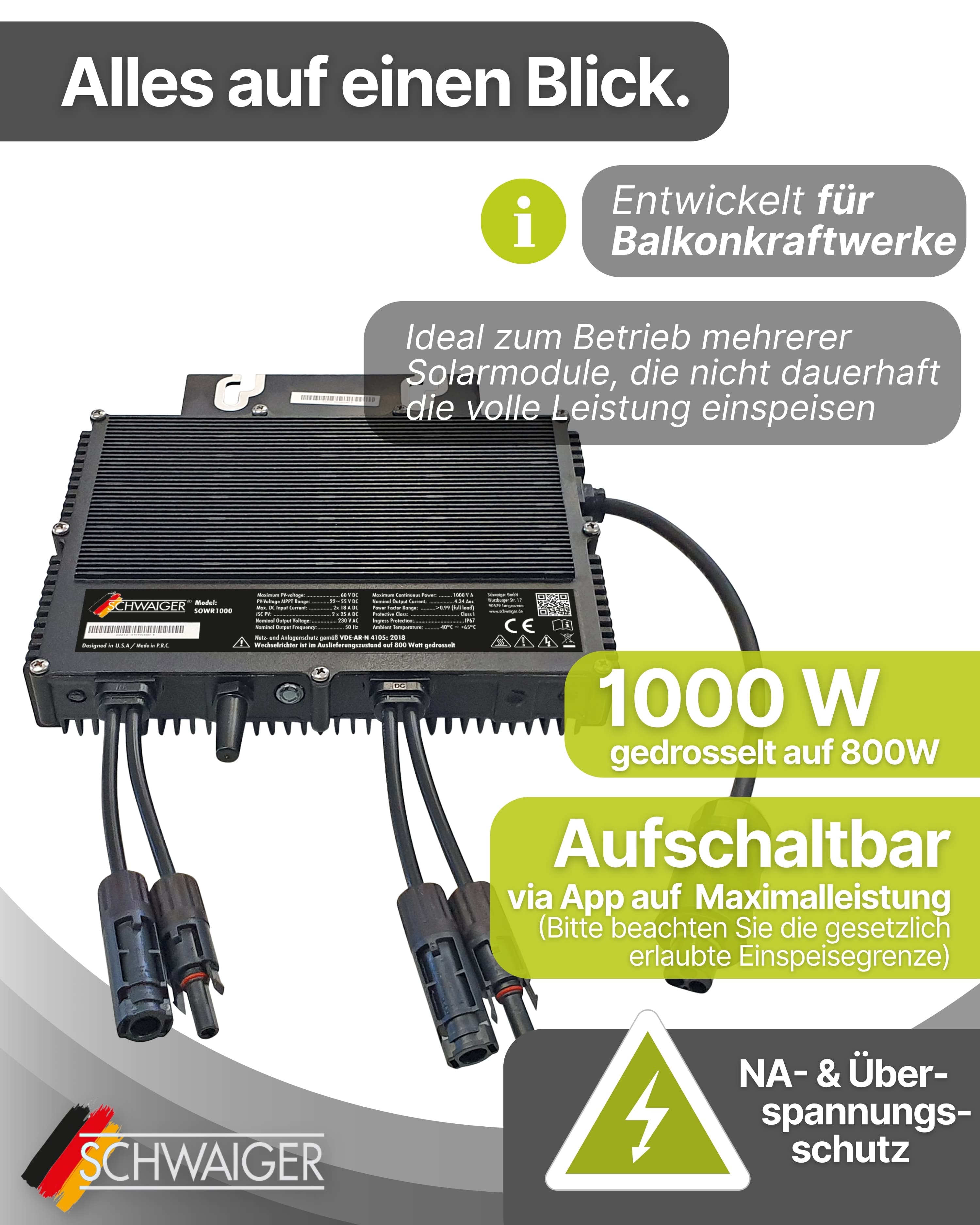 Schwarzer Solarwechselrichter mit Kabeln, Text und Logos. Grüne und graue Elemente. Text enthält '1000W' und 'SCHWAIGER'.
