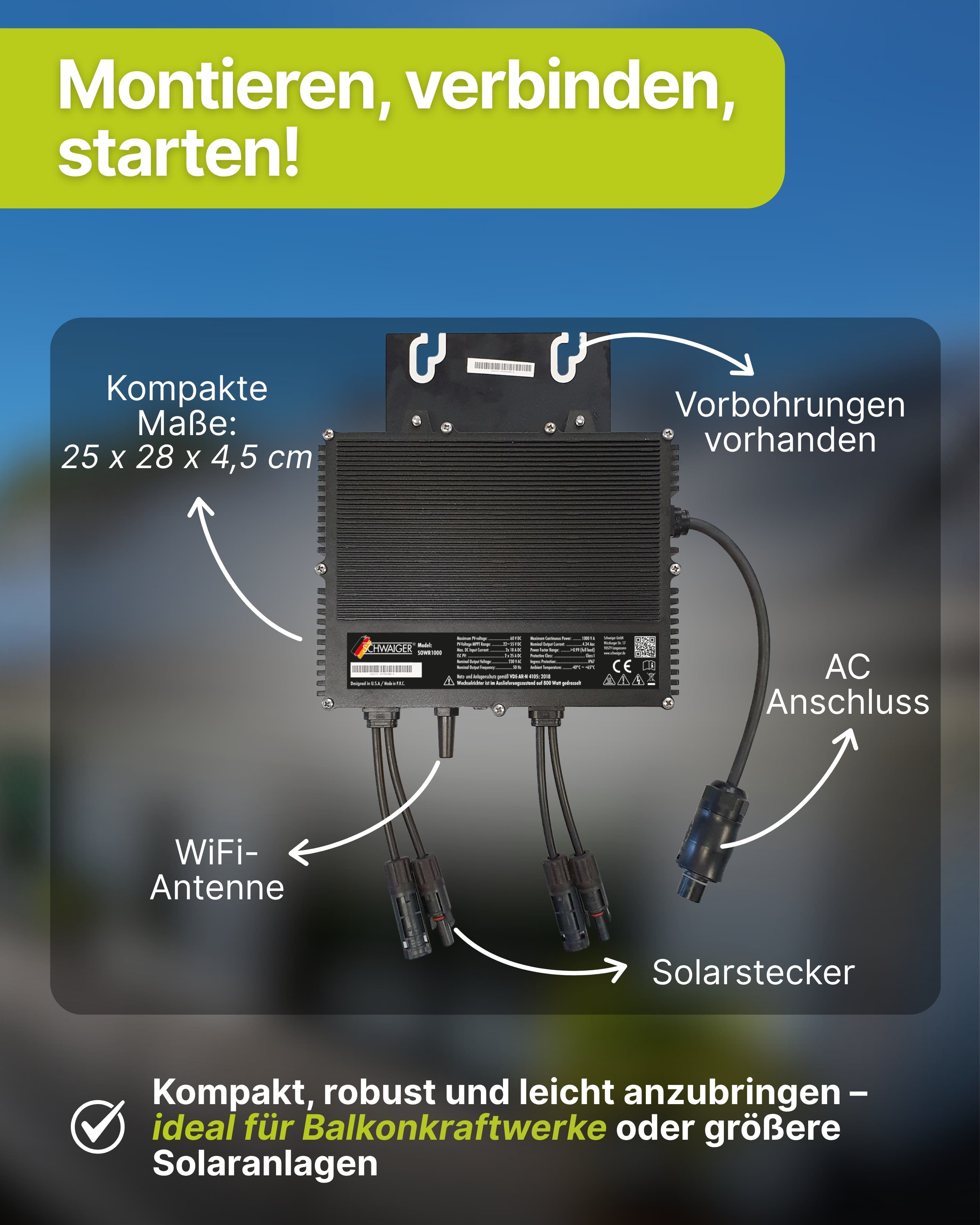 Ein schwarzer Wechselrichter mit Textanmerkungen wie 'WiFi-Antenne', 'Solarstecker' und 'AC Anschluss' vor unscharfem Hintergrund.