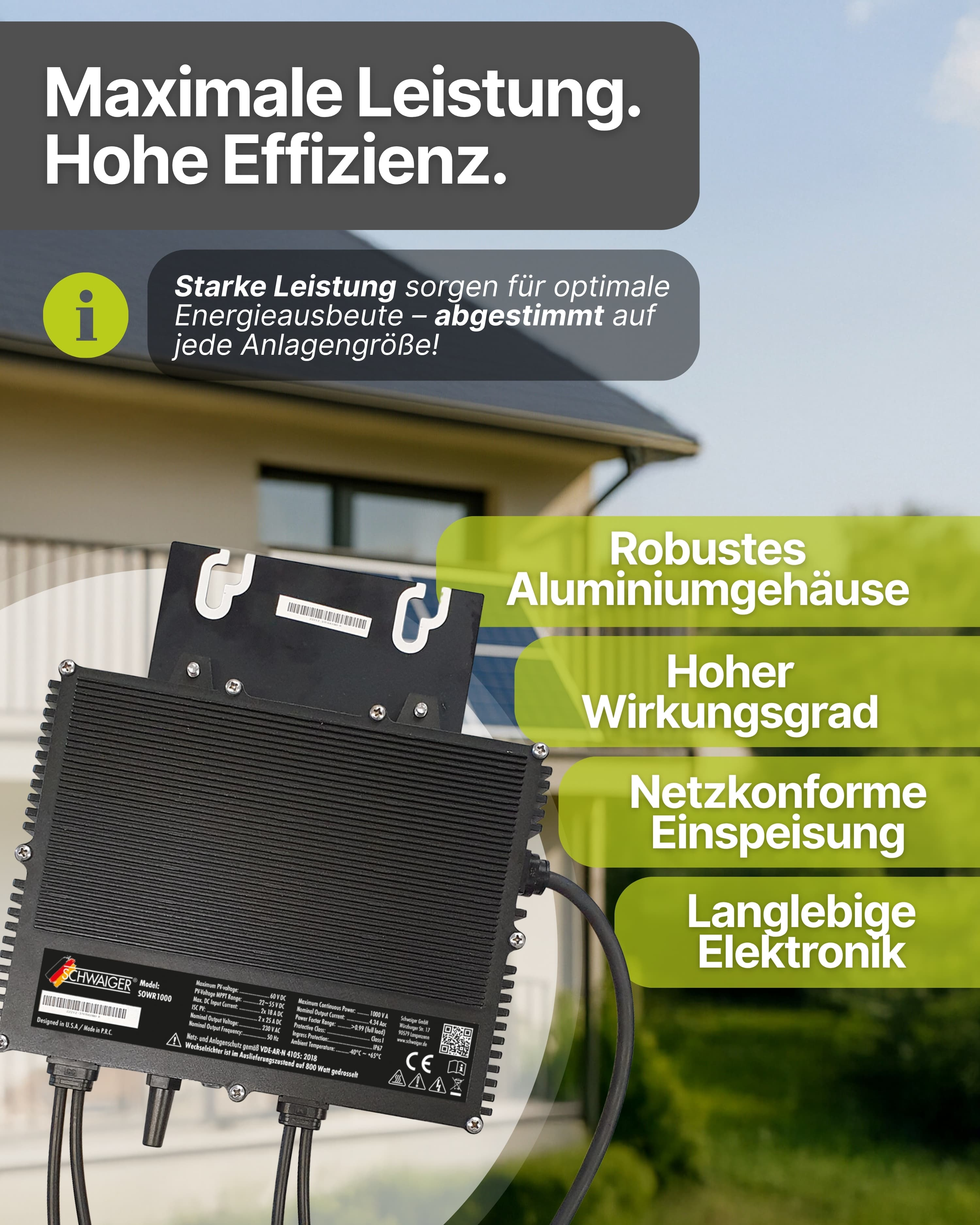 Ein schwarzer Wechselrichter mit Text auf Deutsch. Das Bild zeigt Produktdetails und -merkmale.