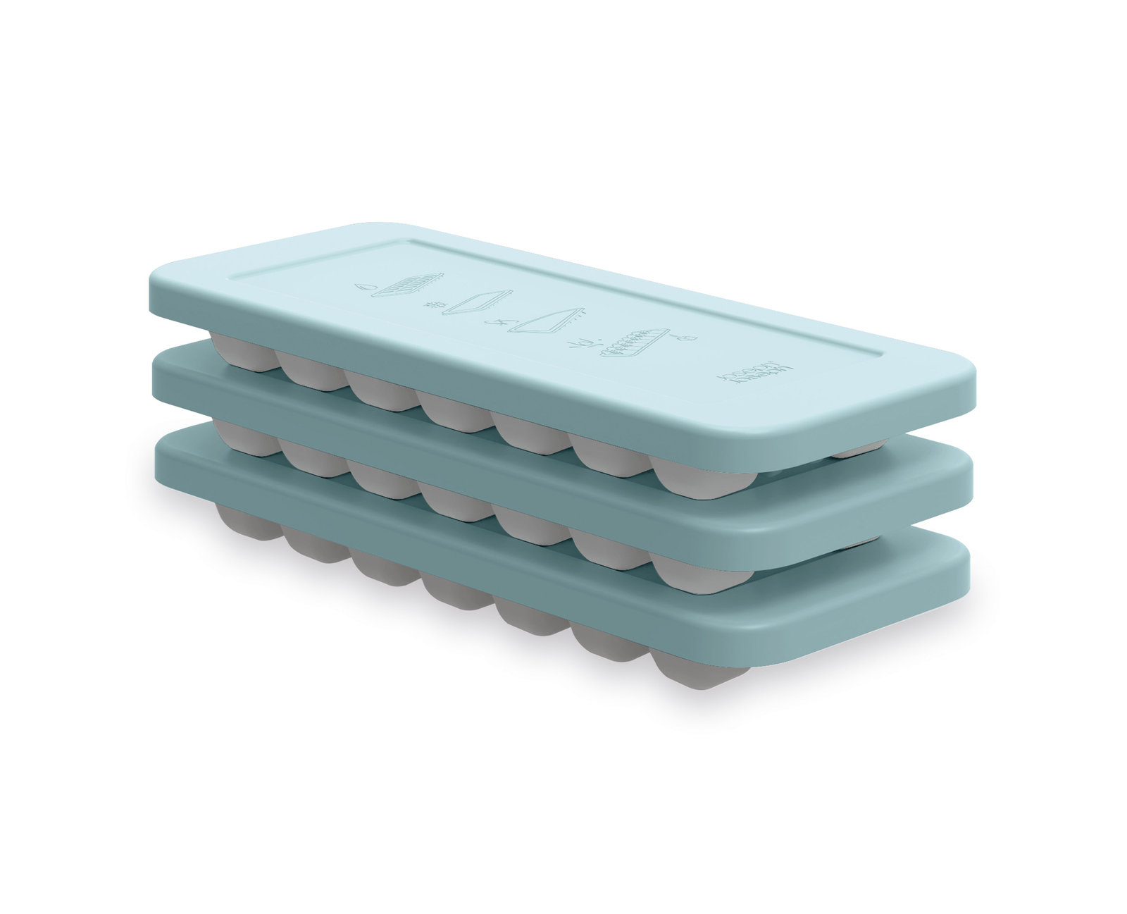 Bandejas de cubitos de hielo de color azul claro, de tres niveles, apiladas. Cada bandeja tiene moldes de cubitos de hielo blancos y redondeados. La bandeja superior tiene símbolos.