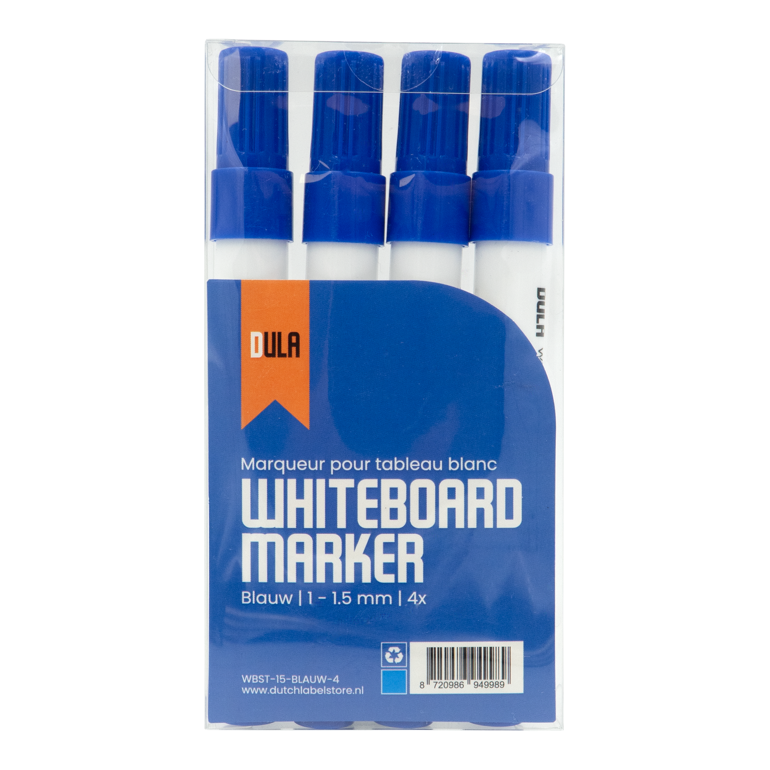 Verpakking van vier blauwe en witte whiteboard markers in een transparante plastic hoes. Tekst op de verpakking.