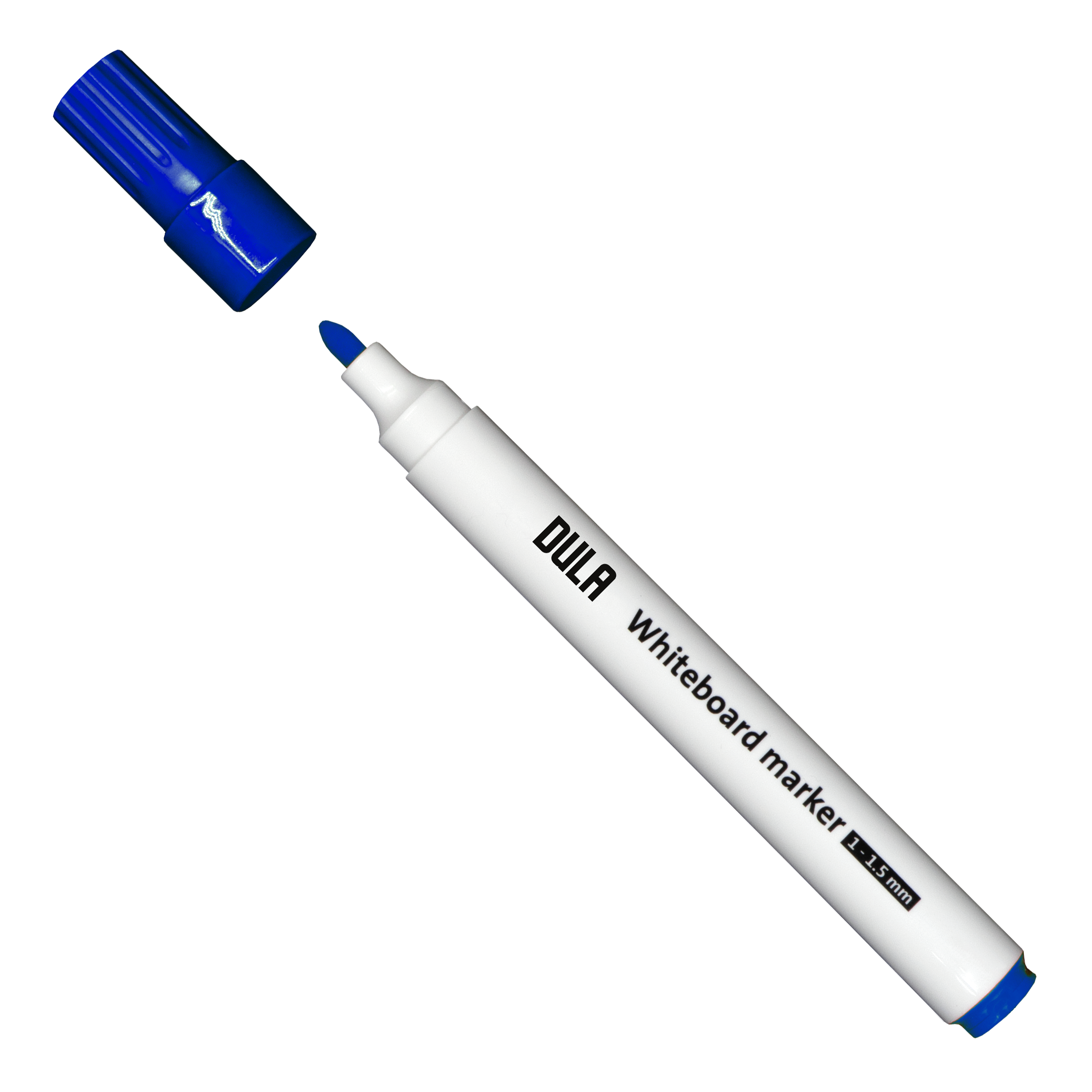 Een witte whiteboardmarker met een blauwe dop is open, waardoor de blauwe punt zichtbaar is. De marker is gelabeld 'DULA'.
