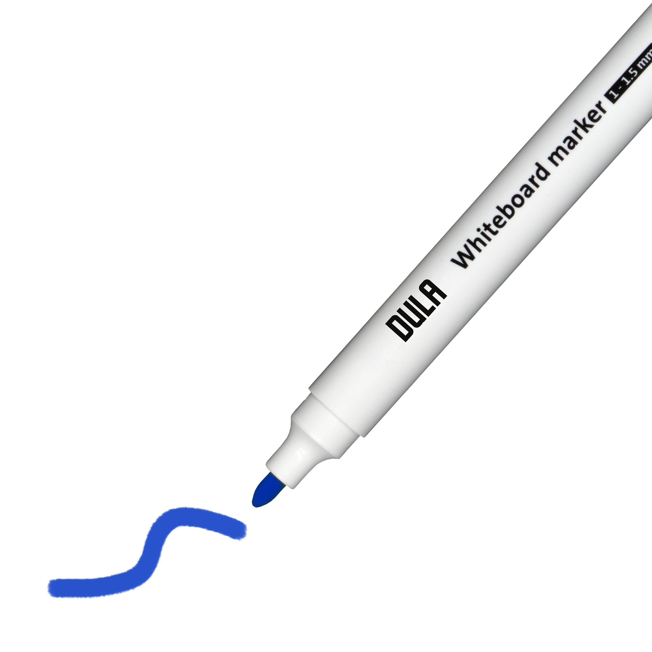 Whiteboardmarker met een blauwe punt, die een blauwe gebogen lijn op een witte achtergrond tekent. De marker is wit.