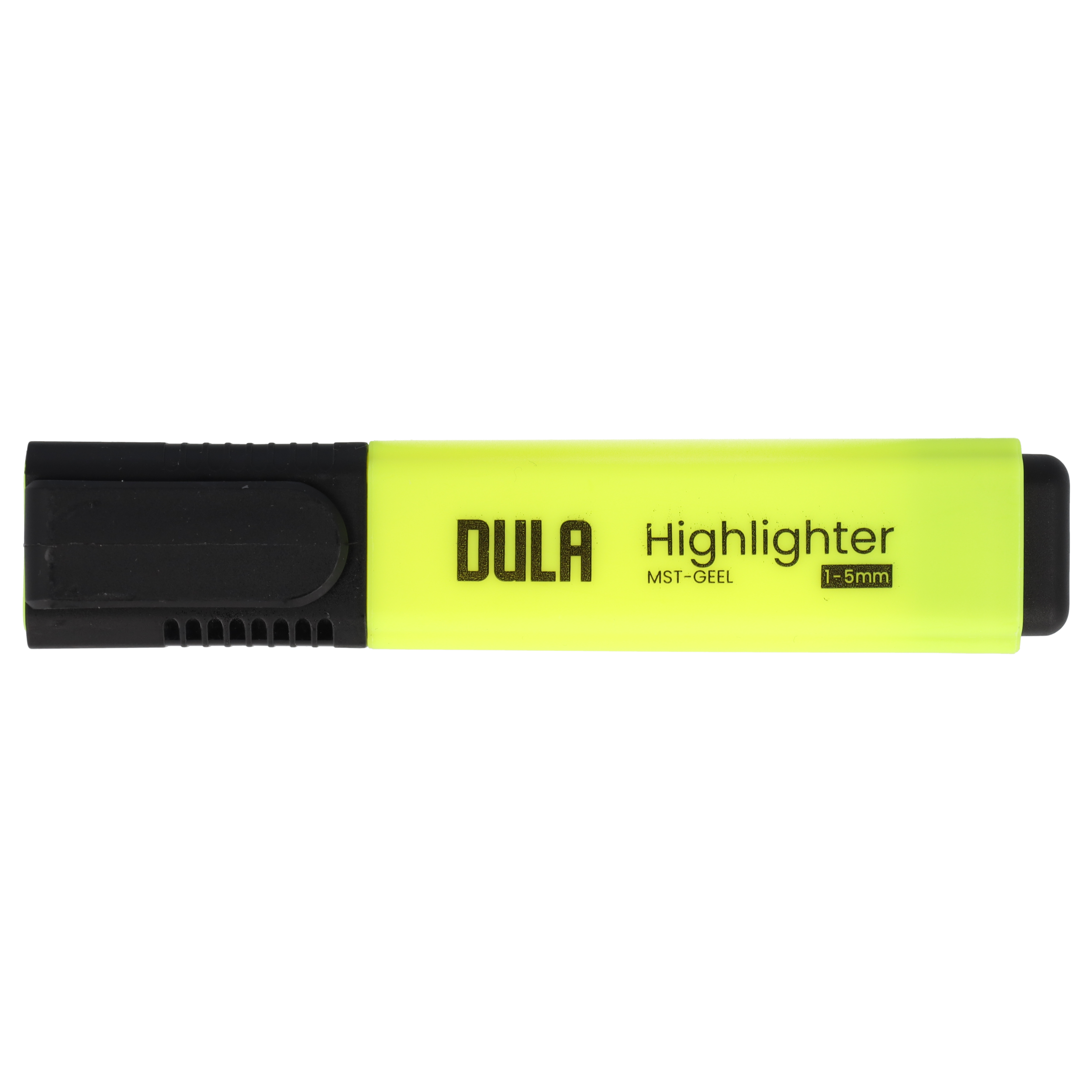 A yellow highlighter with black ends. The brand name is DULA. Text says 'Highlighter 1-5mm'.