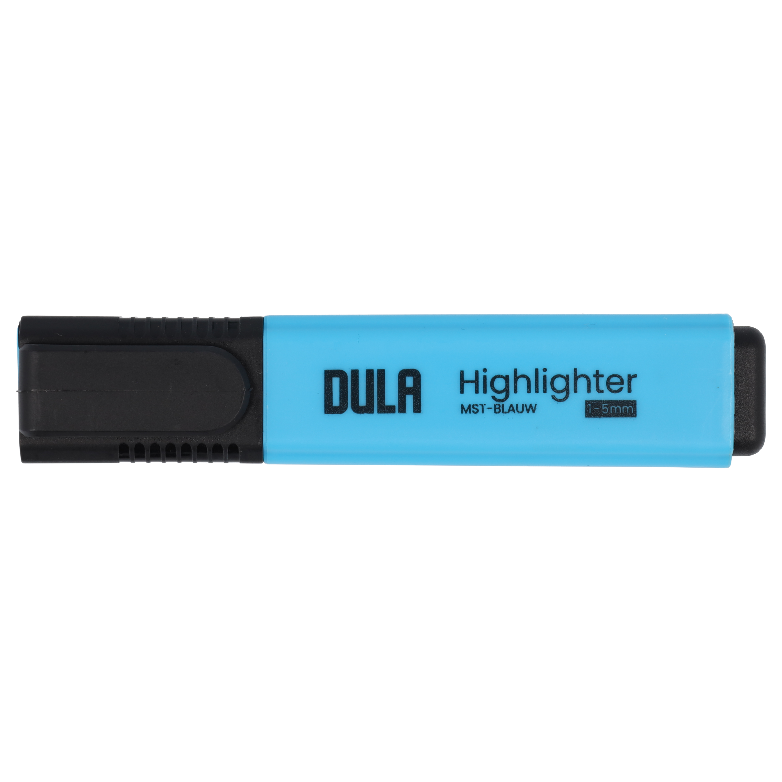 Een blauwe markeerstift met zwarte uiteinden, de tekst luidt: DULA, Markeerstift, MST-BLAU, 1-5mm.