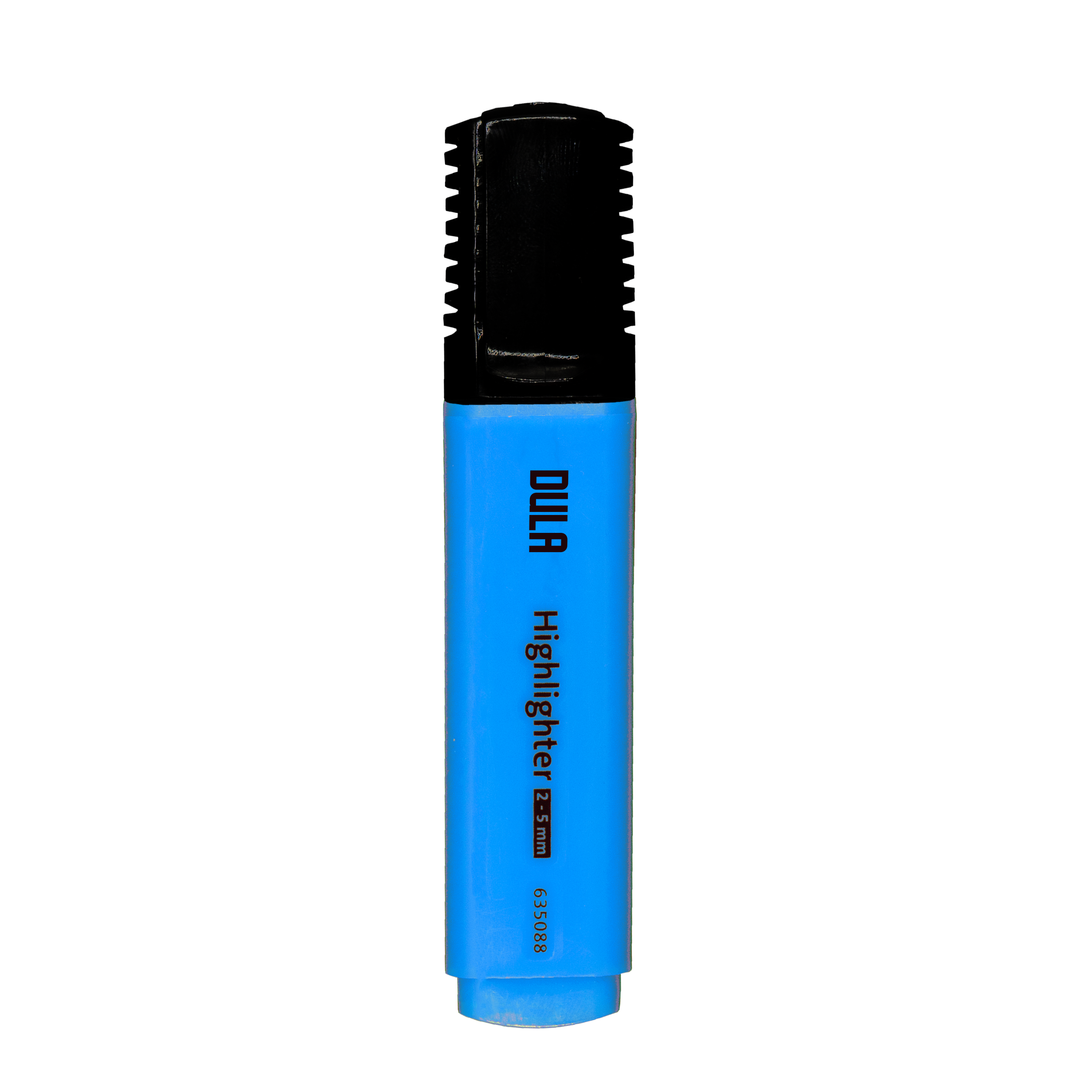 Een blauwe markeerstift met een zwarte punt. De markeerstift is gelabeld met 'DULA Highlighter 2-5 mm' en heeft het nummer 635088.