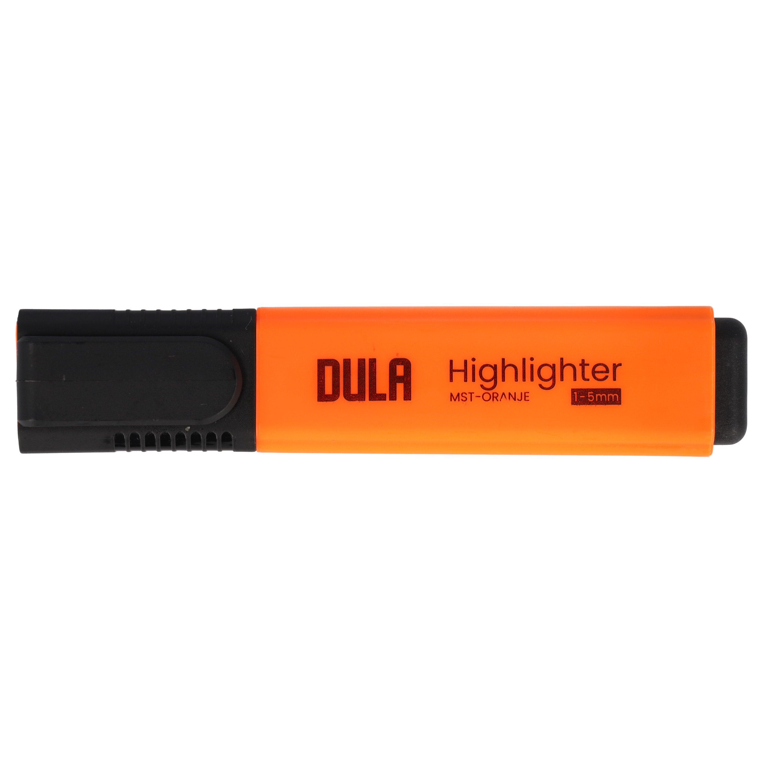 Een oranje markeerstift met zwarte uiteinden, het merk is DULA. Het heeft een etiket van 1-5 mm.