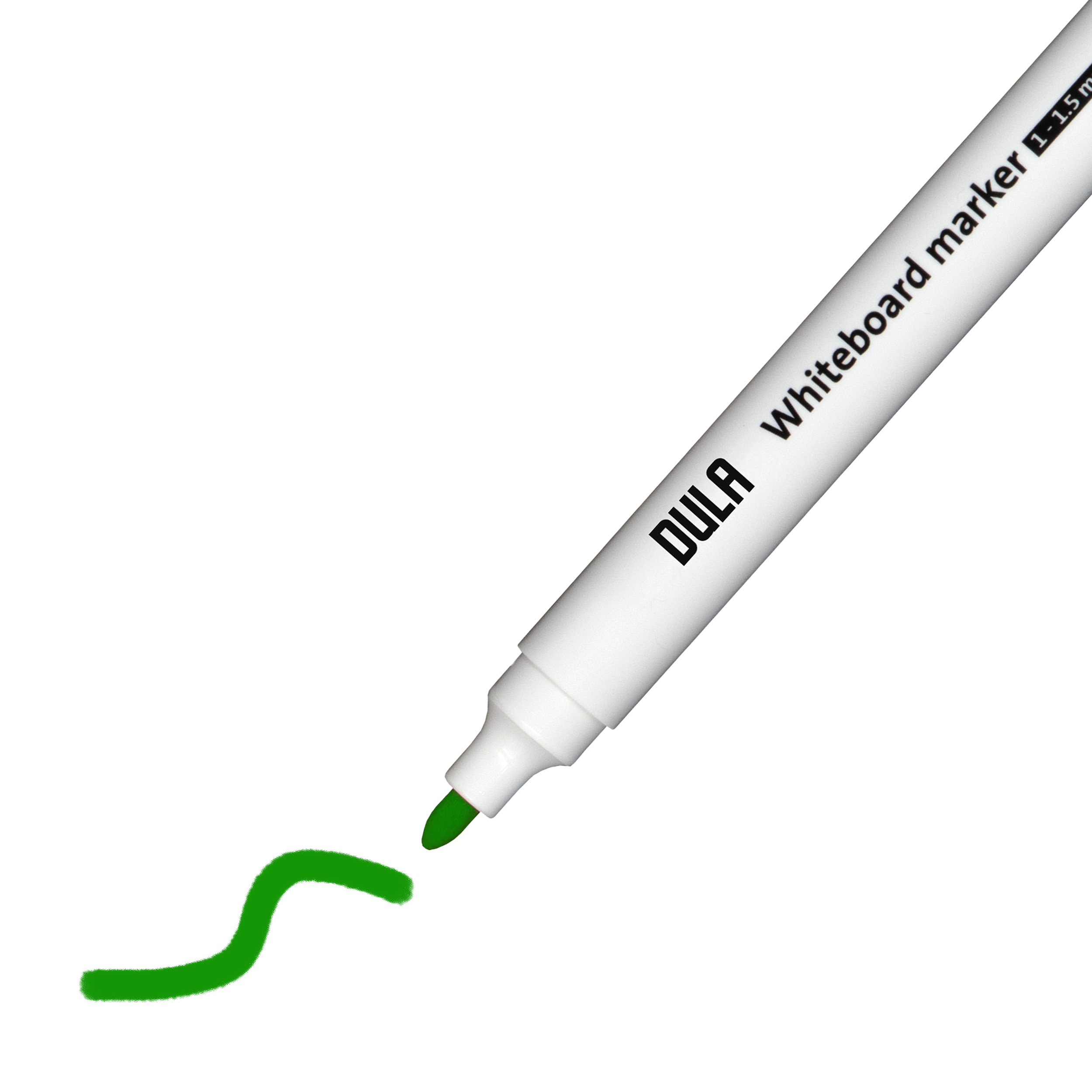 Een witte whiteboardmarker met groene inkt trekt een golvende lijn op een witte achtergrond.